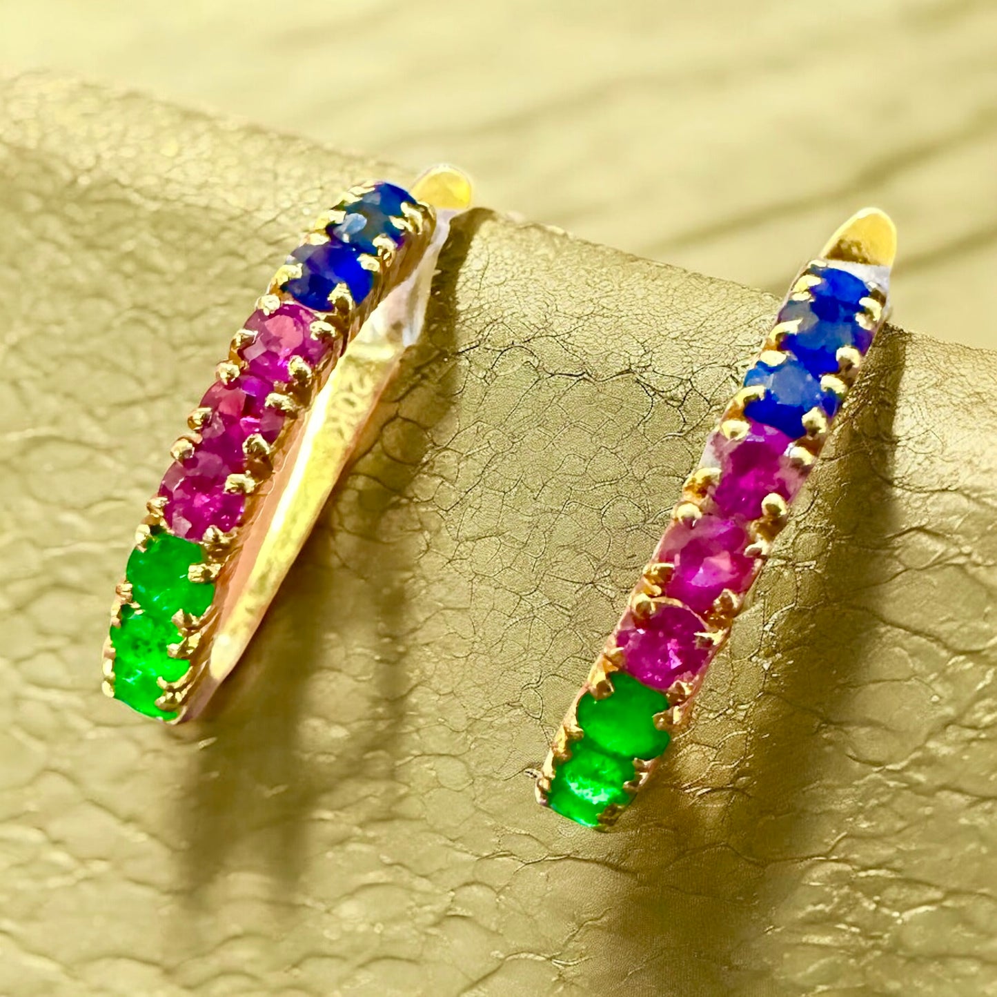 Trio of Royalty â Natural Sapphire, Ruby & Emerald Hoop Earrings in 20K solid gold.