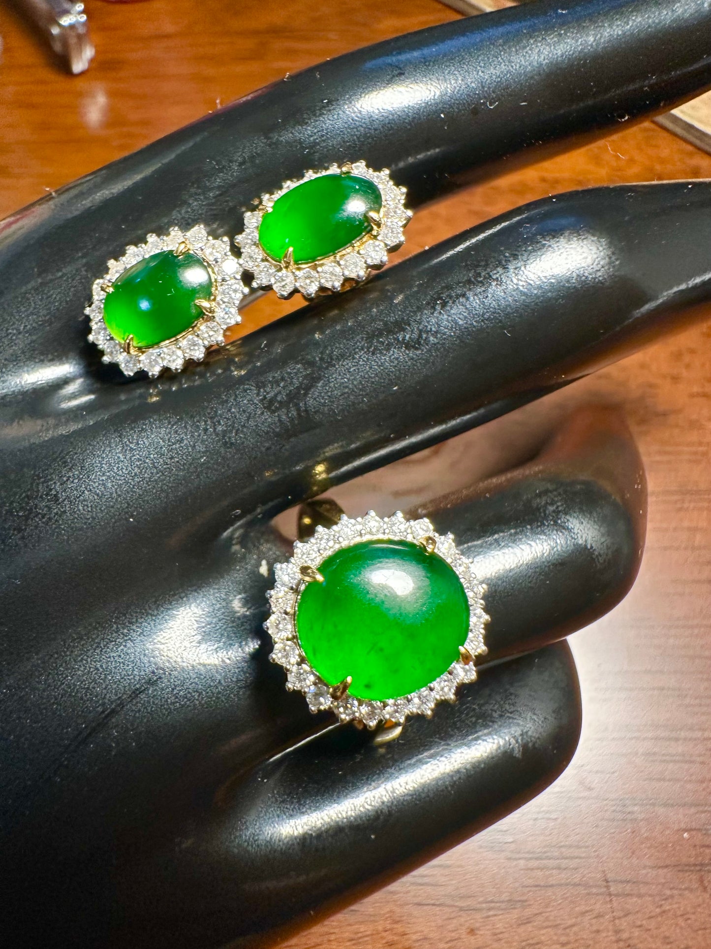 Diana-Style Ring - Natural Unheated Burmese Jadeite Jade (Type A) with Natural Diamonds in 18K Solid Gold.
