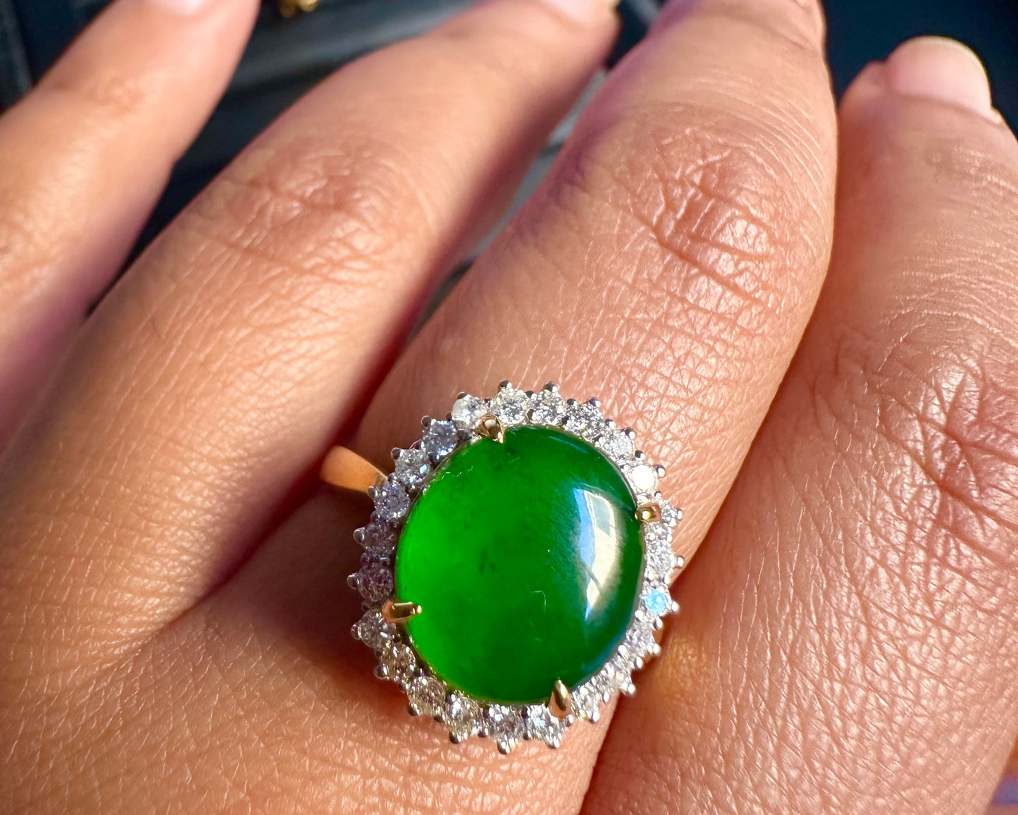 Diana-Style Ring - Natural Unheated Burmese Jadeite Jade (Type A) with Natural Diamonds in 18K Solid Gold.