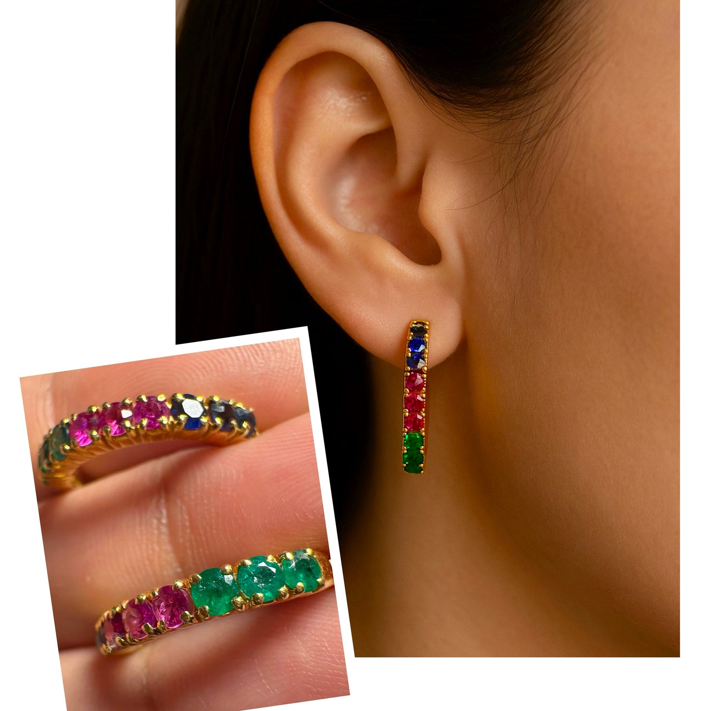 Trio of Royalty â Natural Sapphire, Ruby & Emerald Hoop Earrings in 20K solid gold.