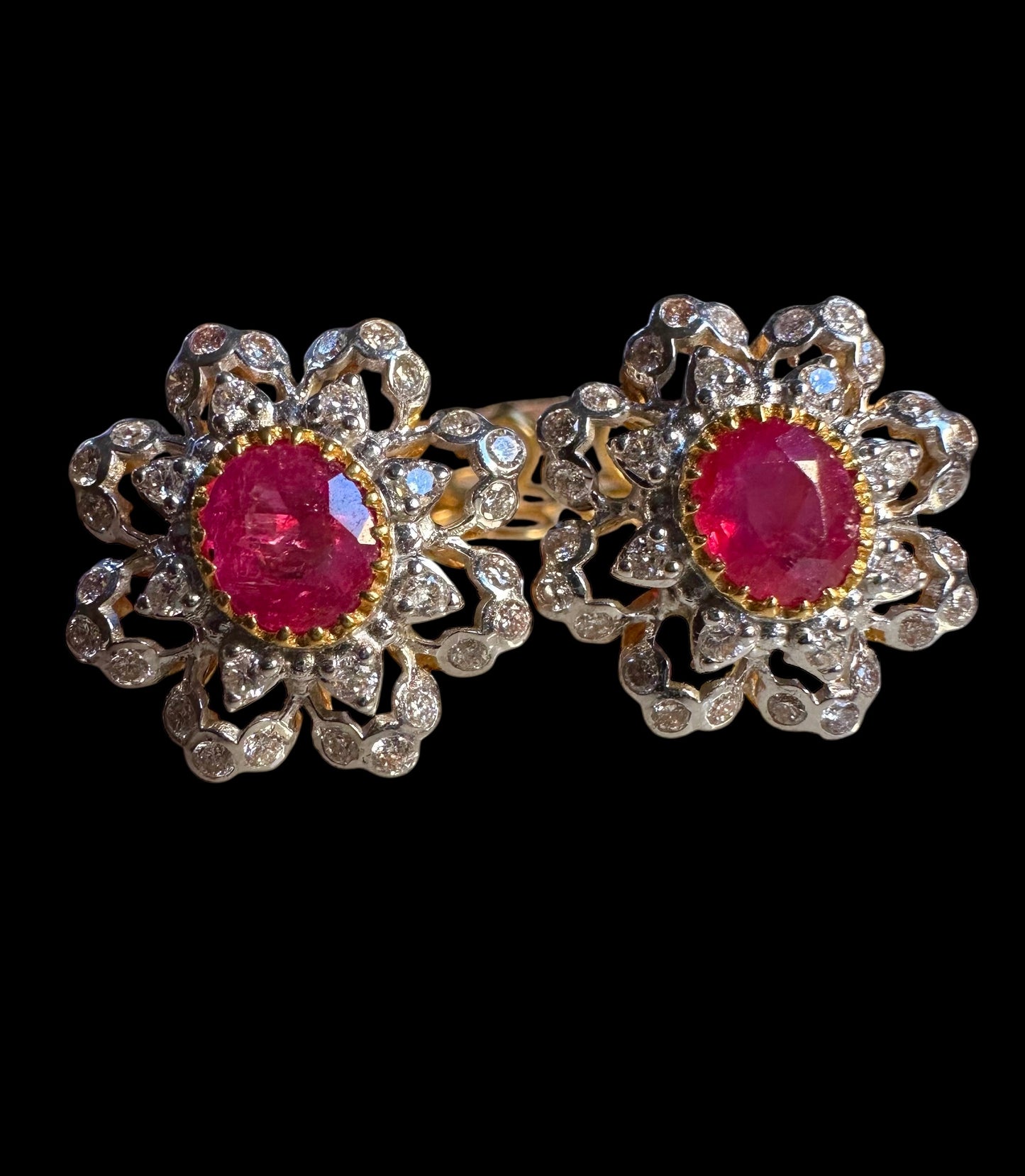 Vintage Bloom โ Natural Unheated Burmese Ruby & Diamond Floral Earrings in 20K Solid Gold