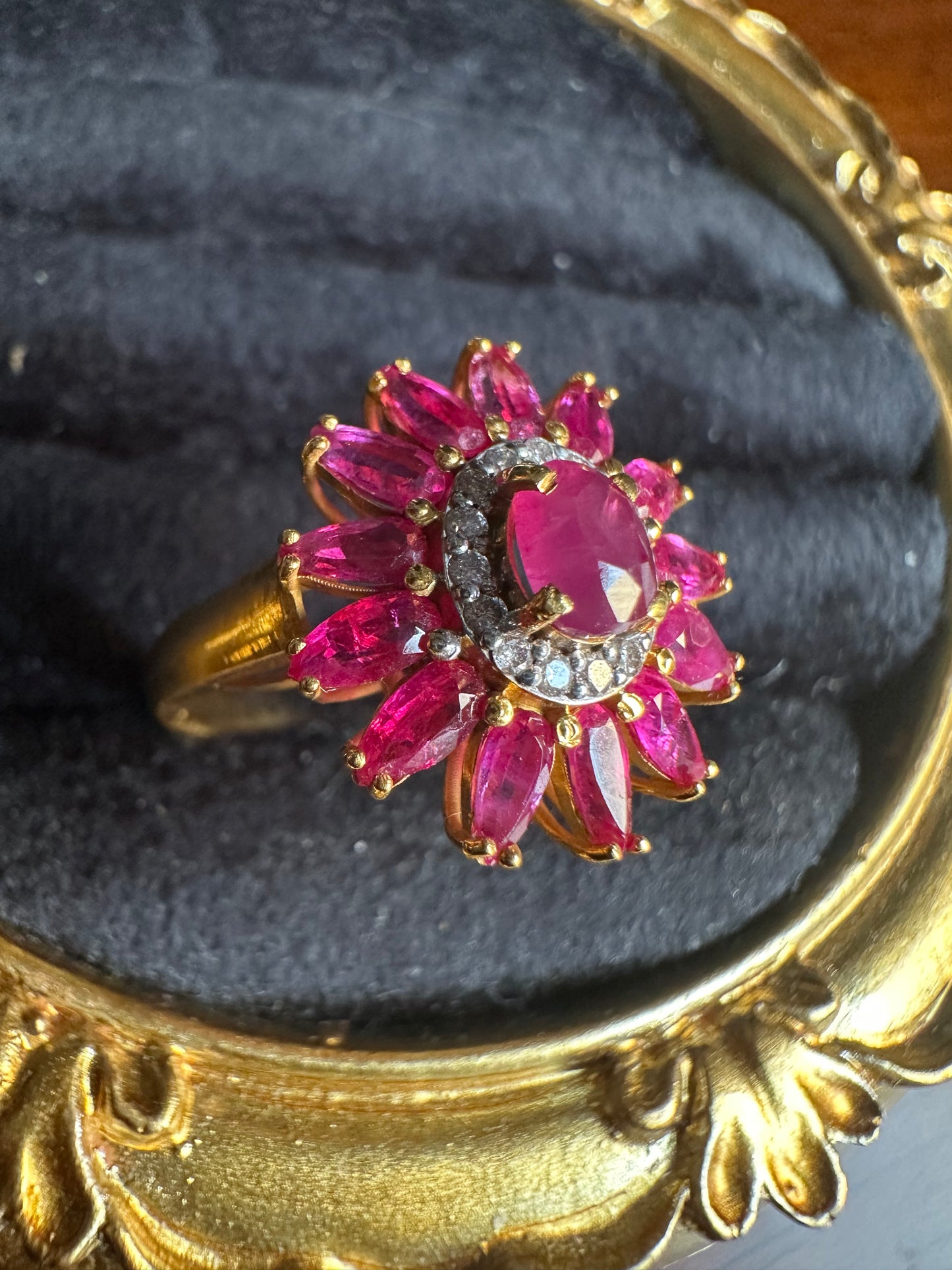 Vintage Sunflower Design Burmese Natural Unheated Ruby (2.65CT) and Diamonds Ring in 20K Solid Gold