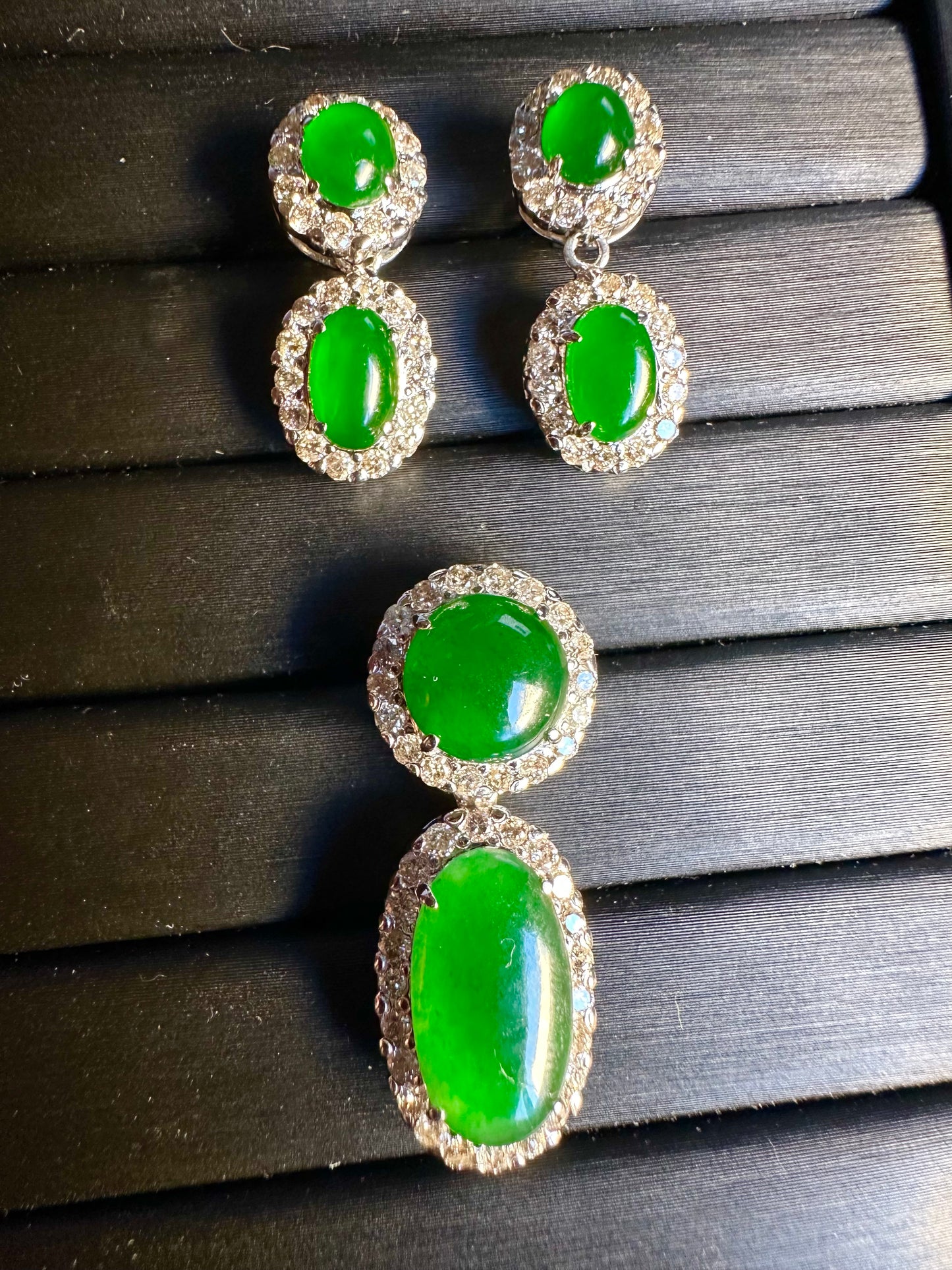 Two Step Drop Earrings Natural Untreated Burmese Jadeite & Diamonds