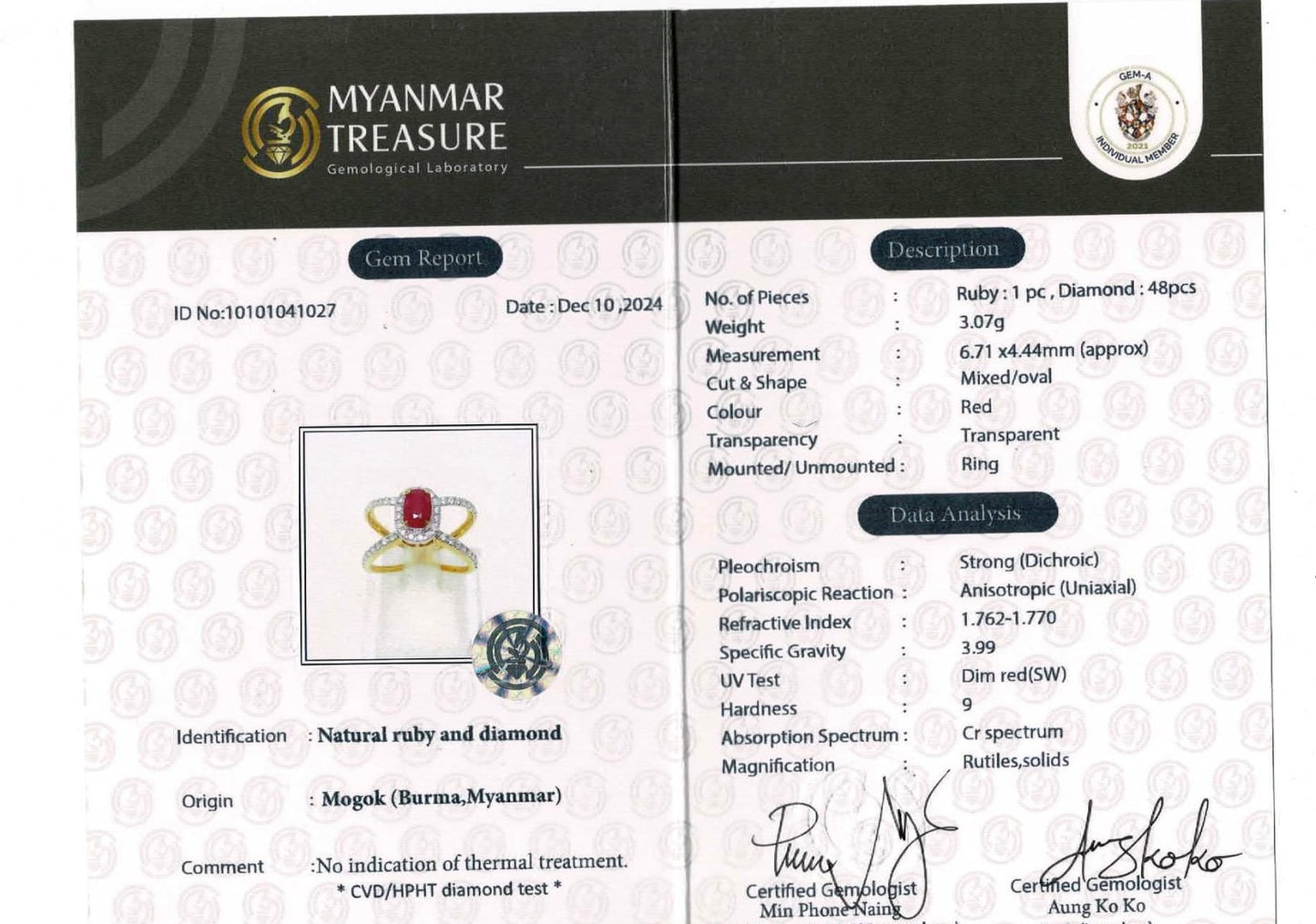 Beautiful Burmese Natural Unheated Ruby (1.0CT) and Natural Diamonds Ring in 20K Solid Gold