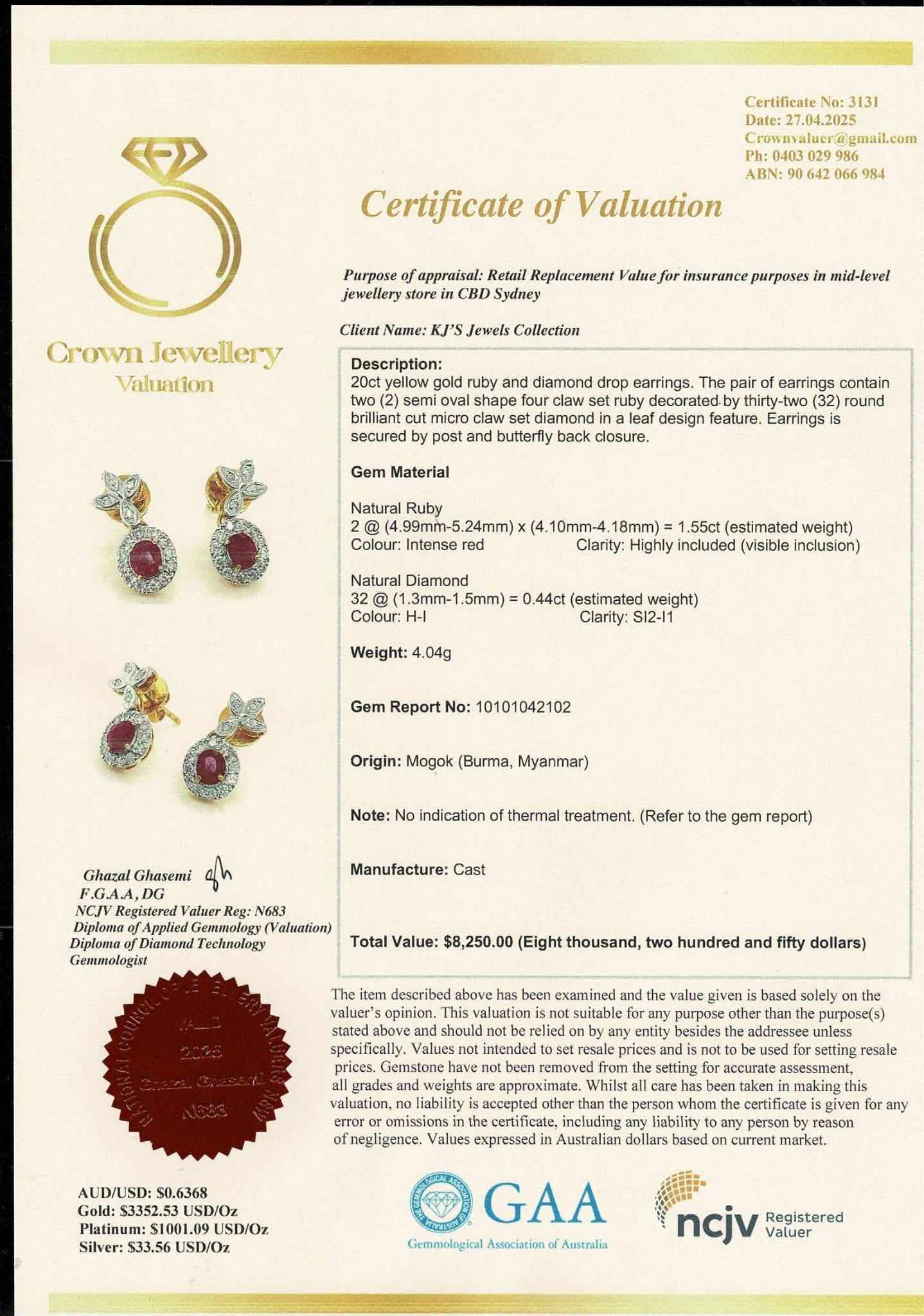 Natural unheated Burmese rubies (1.55CT) and natural diamond drop earrings in 20K solid gold