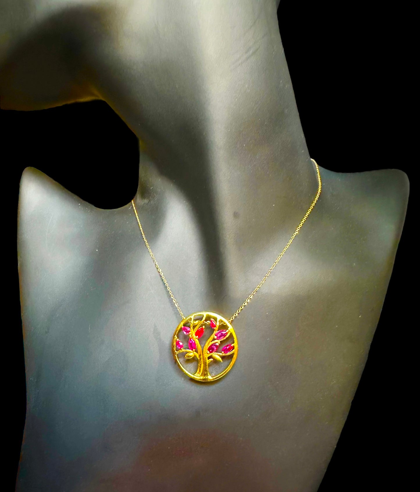 Modern Tree of Life Pendant with Natural Unheated Burmese Rubies on a Solid Gold Chain