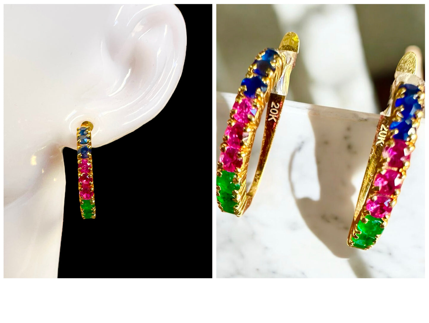 Trio of Royalty â Natural Sapphire, Ruby & Emerald Hoop Earrings in 20K solid gold.