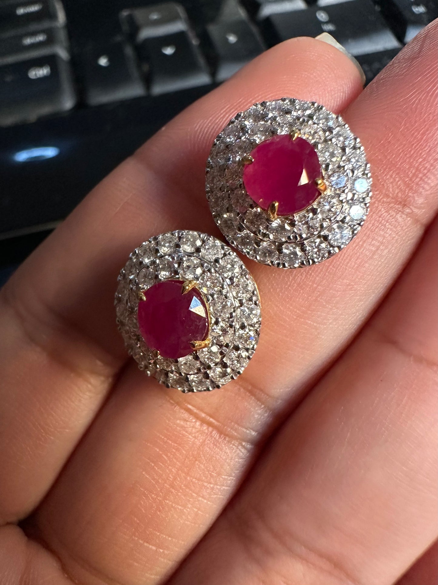 Natural unheated Burmese rubies (3.2CT) and natural diamond drop earrings in 18K solid gold