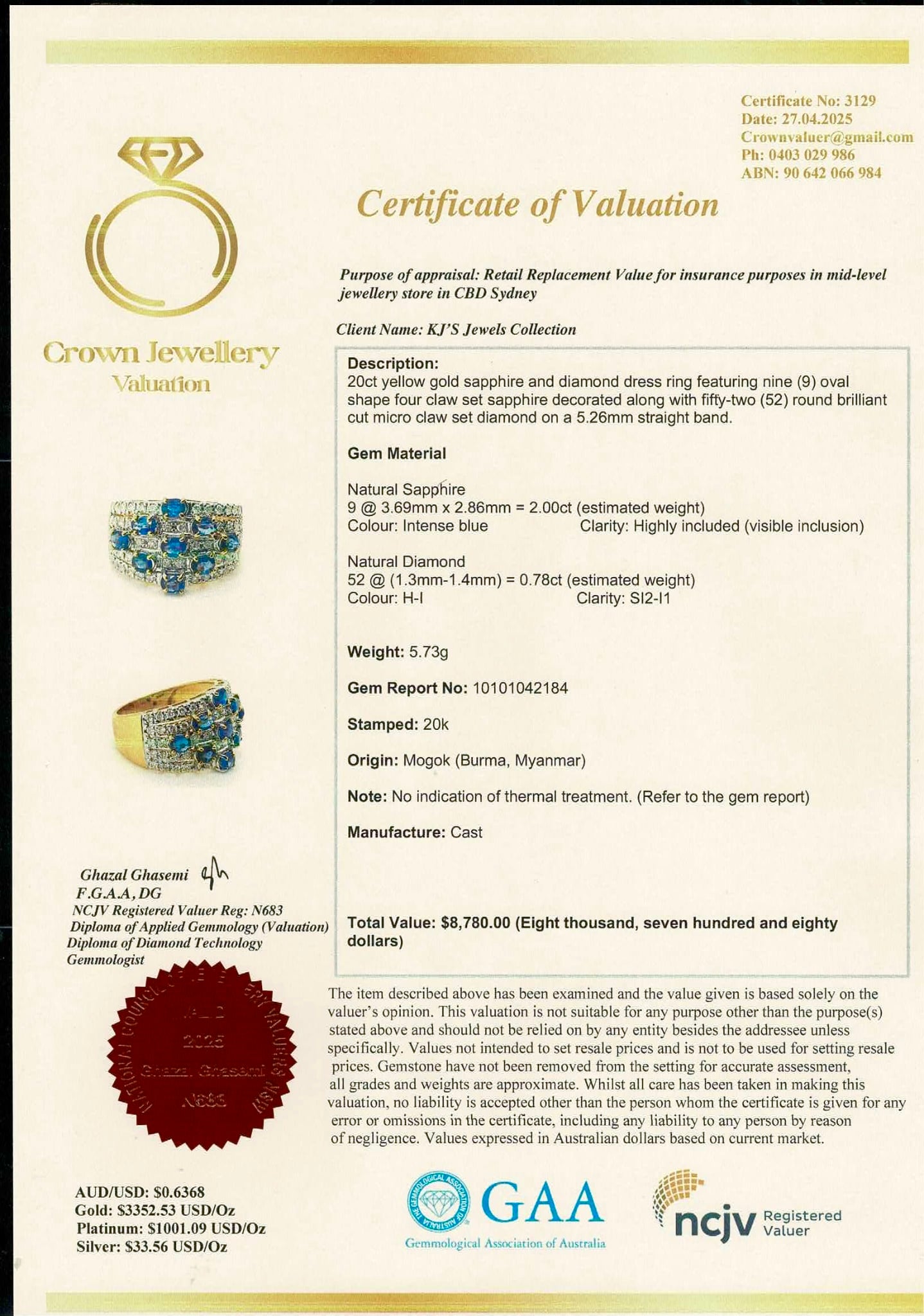 Unisex Natural Diamonds and Natural Unheated Sapphires (2CT) Ring in 20K Solid Gold
