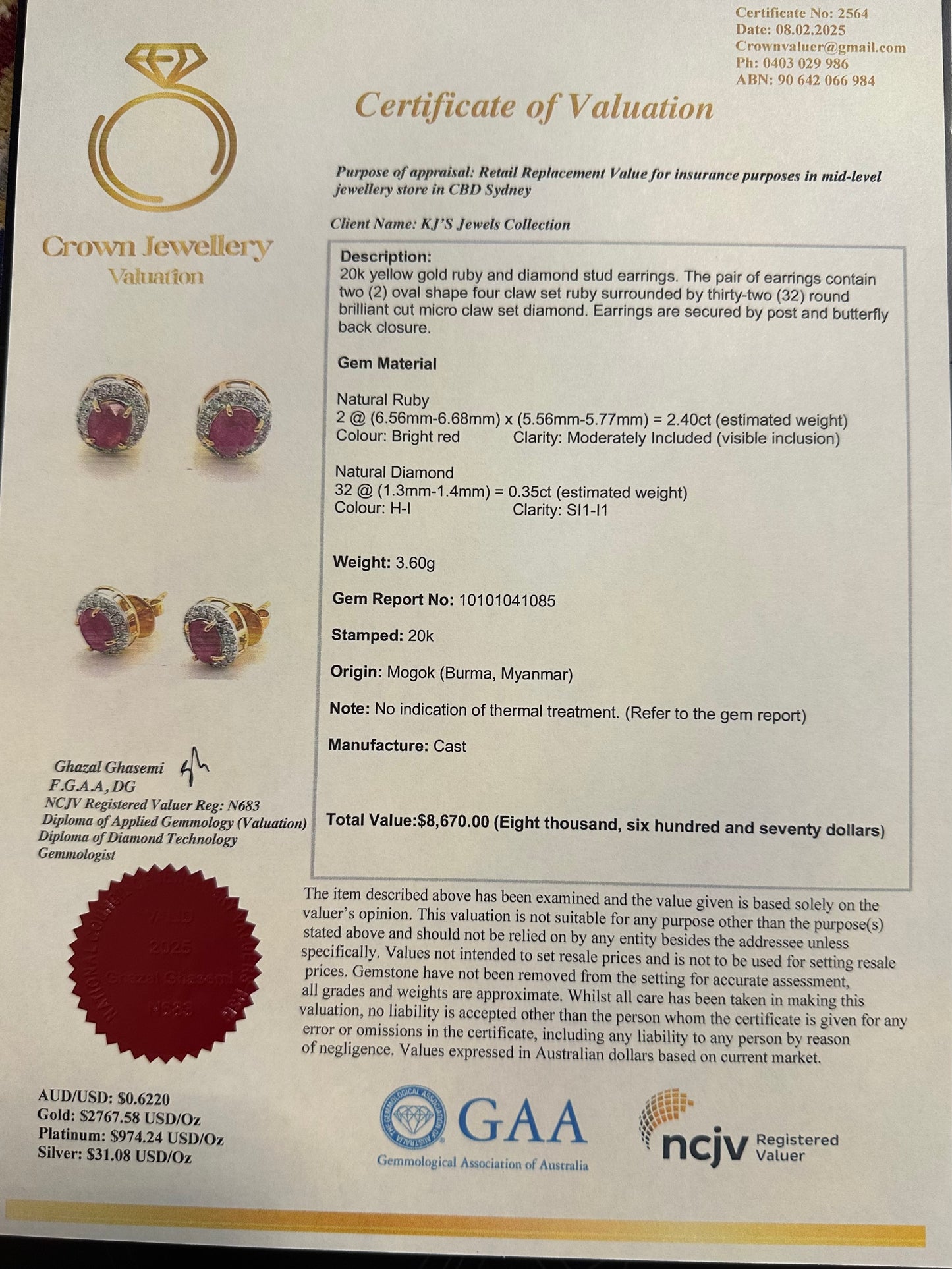 Natural unheated Burmese rubies (2.4CT) and natural diamond drop earrings in 20K solid gold