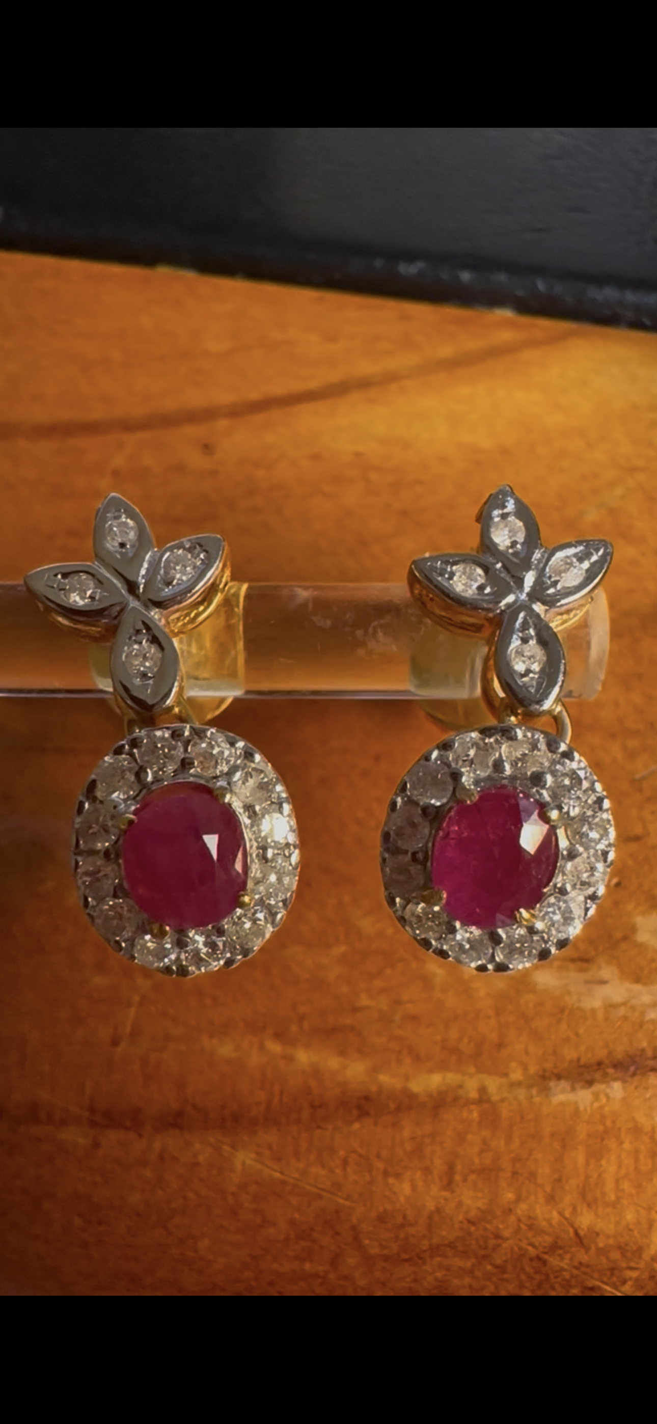 Natural unheated Burmese rubies (1.55CT) and natural diamond drop earrings in 20K solid gold