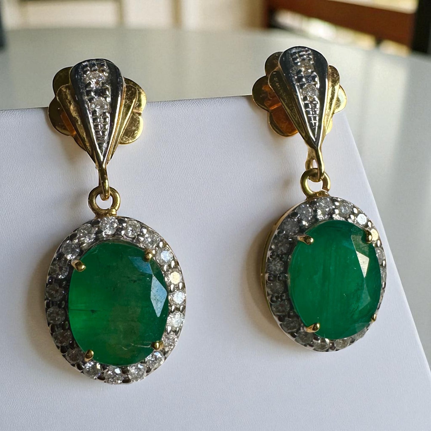 Timeless Natural Emerald & Diamond Dangle Earrings in 20K Solid Gold