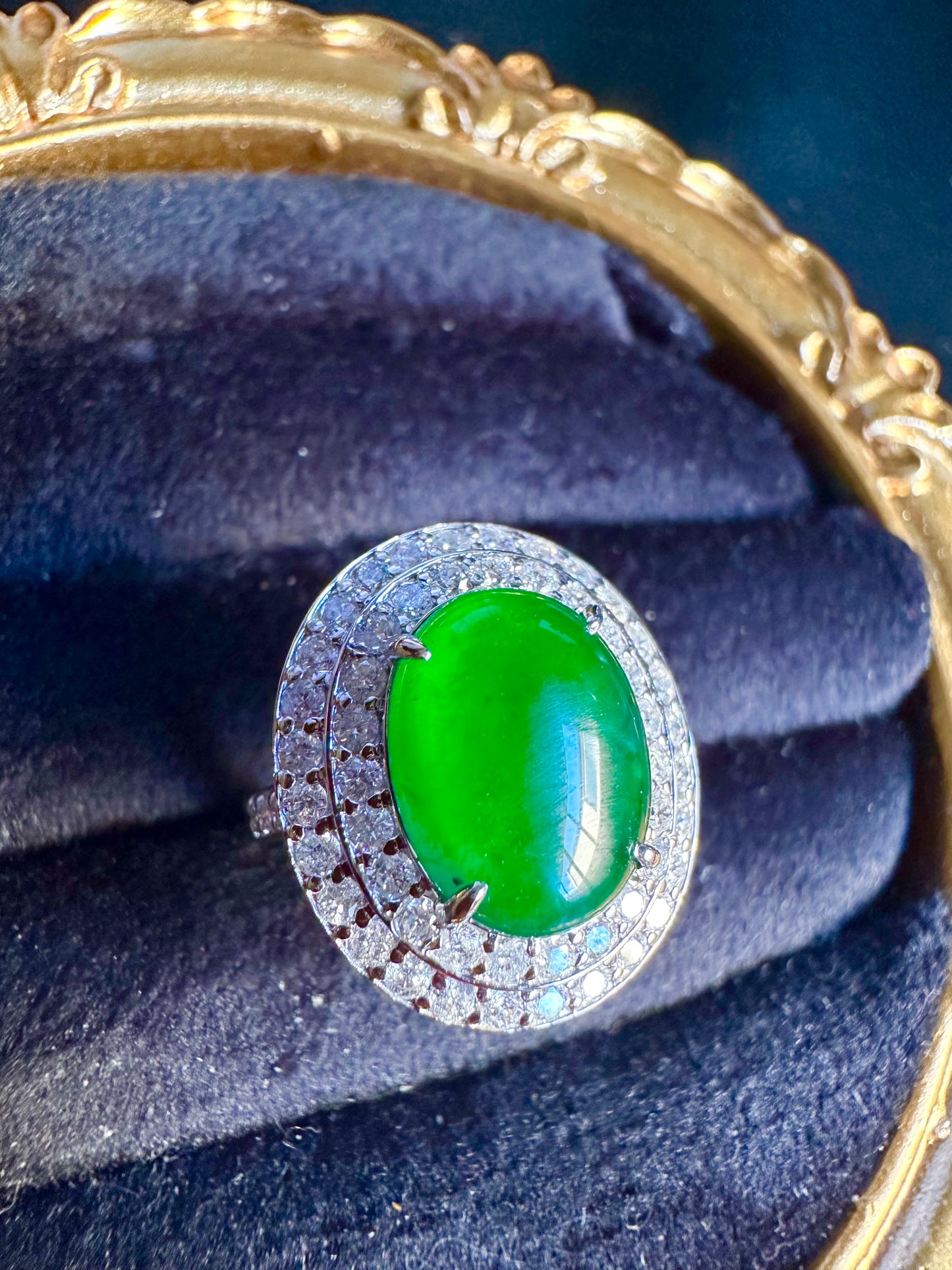 Natural Unheated Burmese Jadeite Jade (Type A) set with Double Halo Natural Diamonds in 18K Solid Gold.