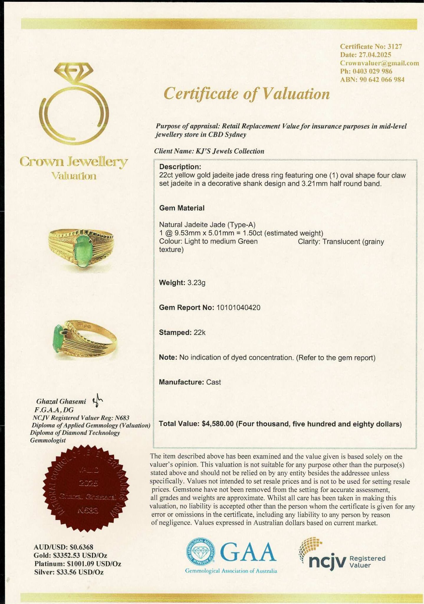 Unisex Ring - Apple Green Natural Untreated Burmese Jadeite Jade (Type A) in 22K Solid Gold.