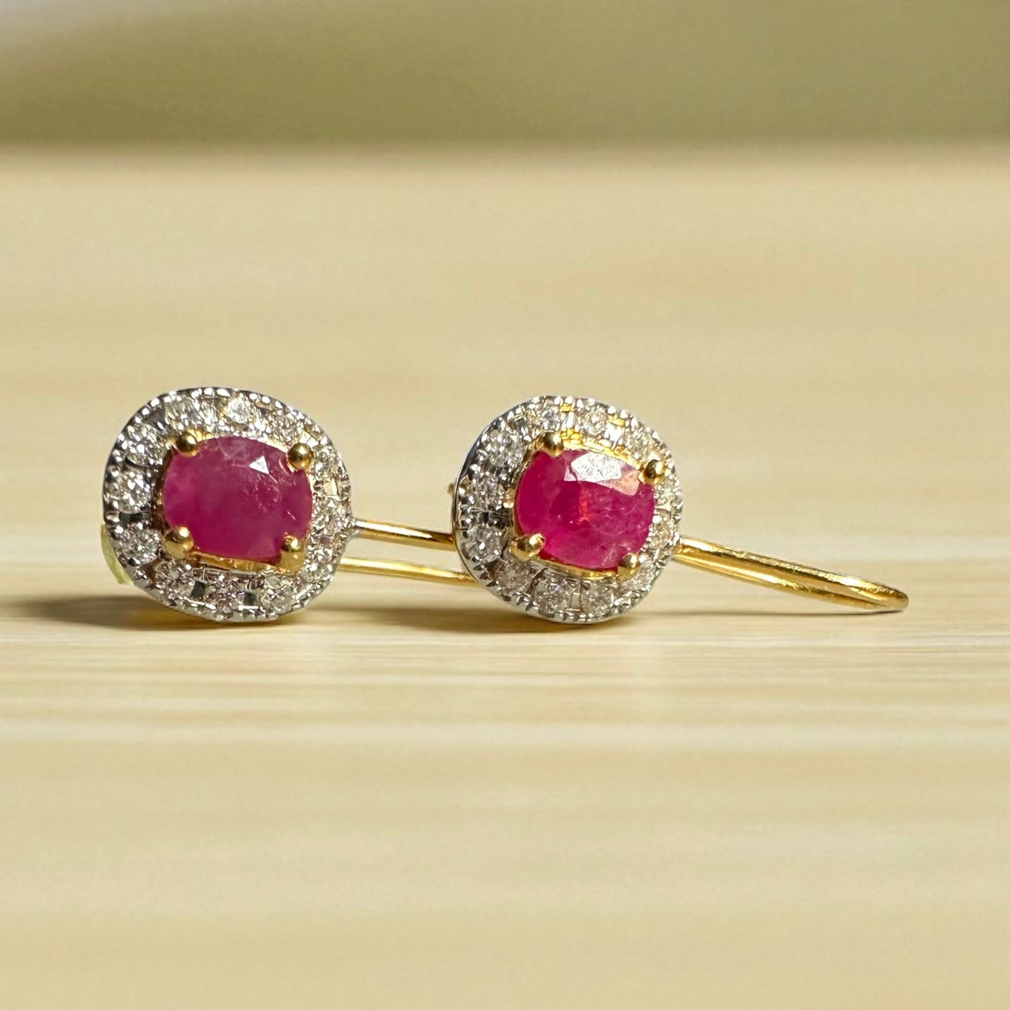 Natural unheated Burmese rubies (1.5CT) and natural diamond drop earrings in 20K solid gold