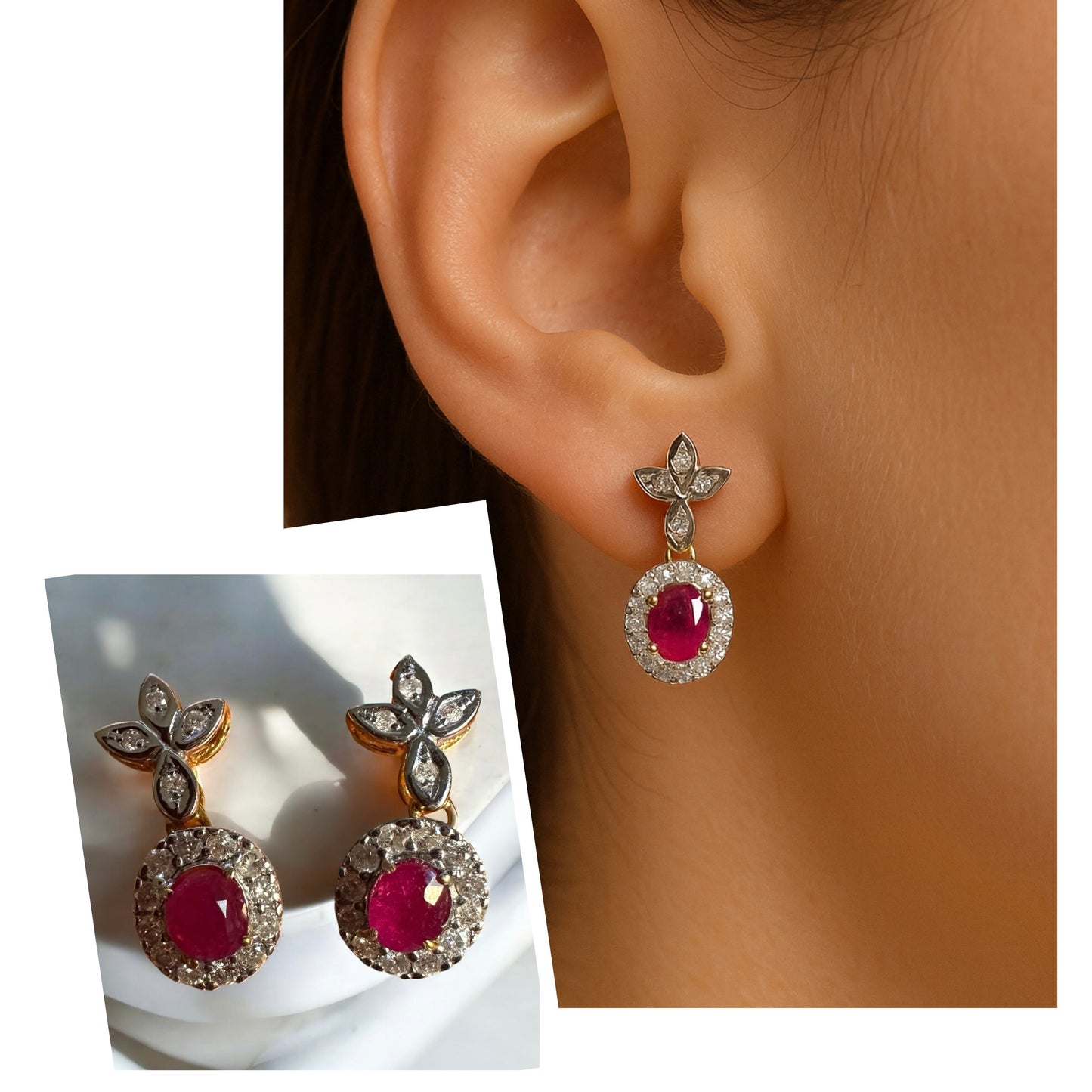 Natural unheated Burmese rubies (1.55CT) and natural diamond drop earrings in 20K solid gold