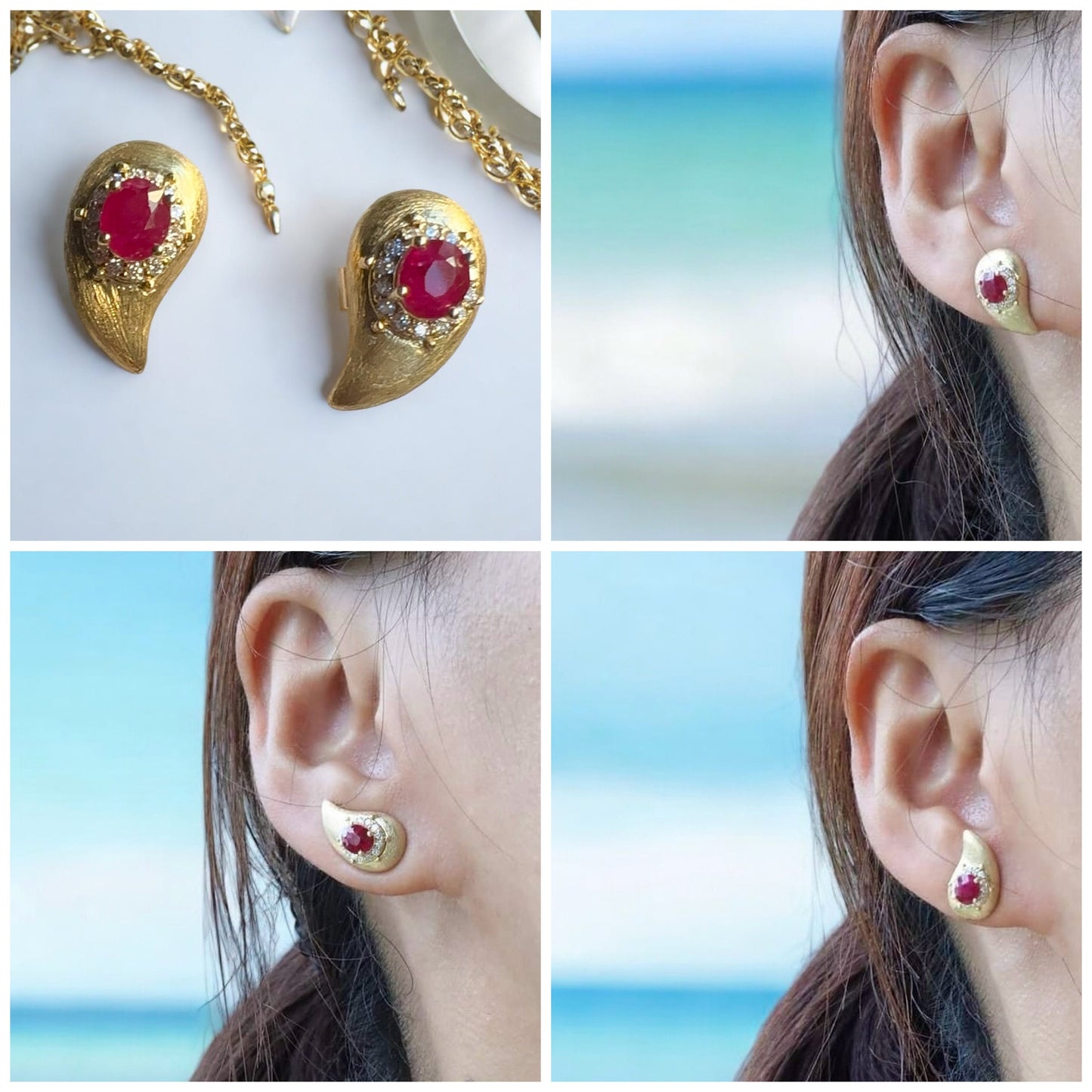 Vintage Style Natural Unheated Burmese Ruby (1.18CT) and Natural Diamonds Earrings in 18K Solid Yellow Gold