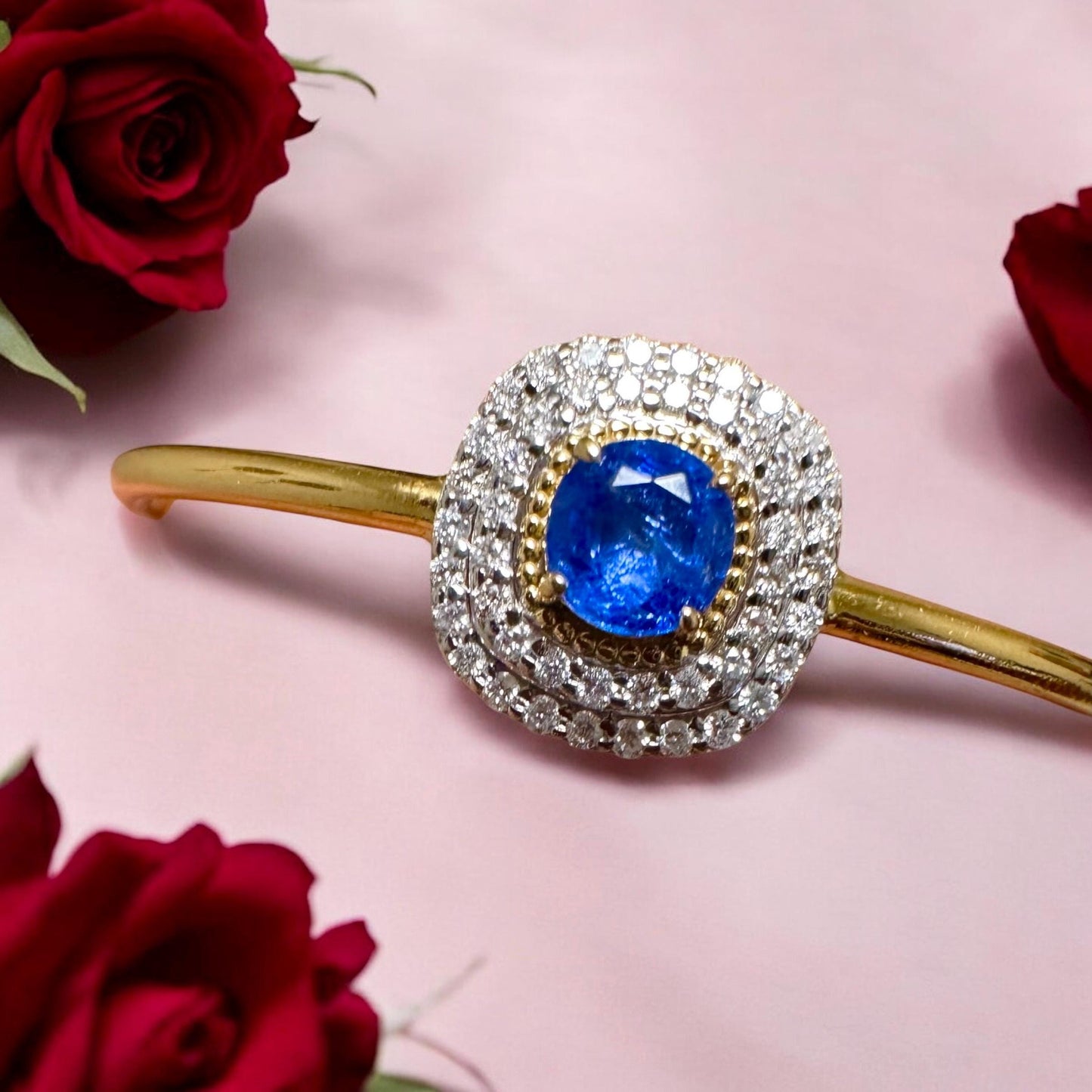 Natural Unheated Burmese Sapphire and Natural Diamonds Bangle in 18K Solid Gold