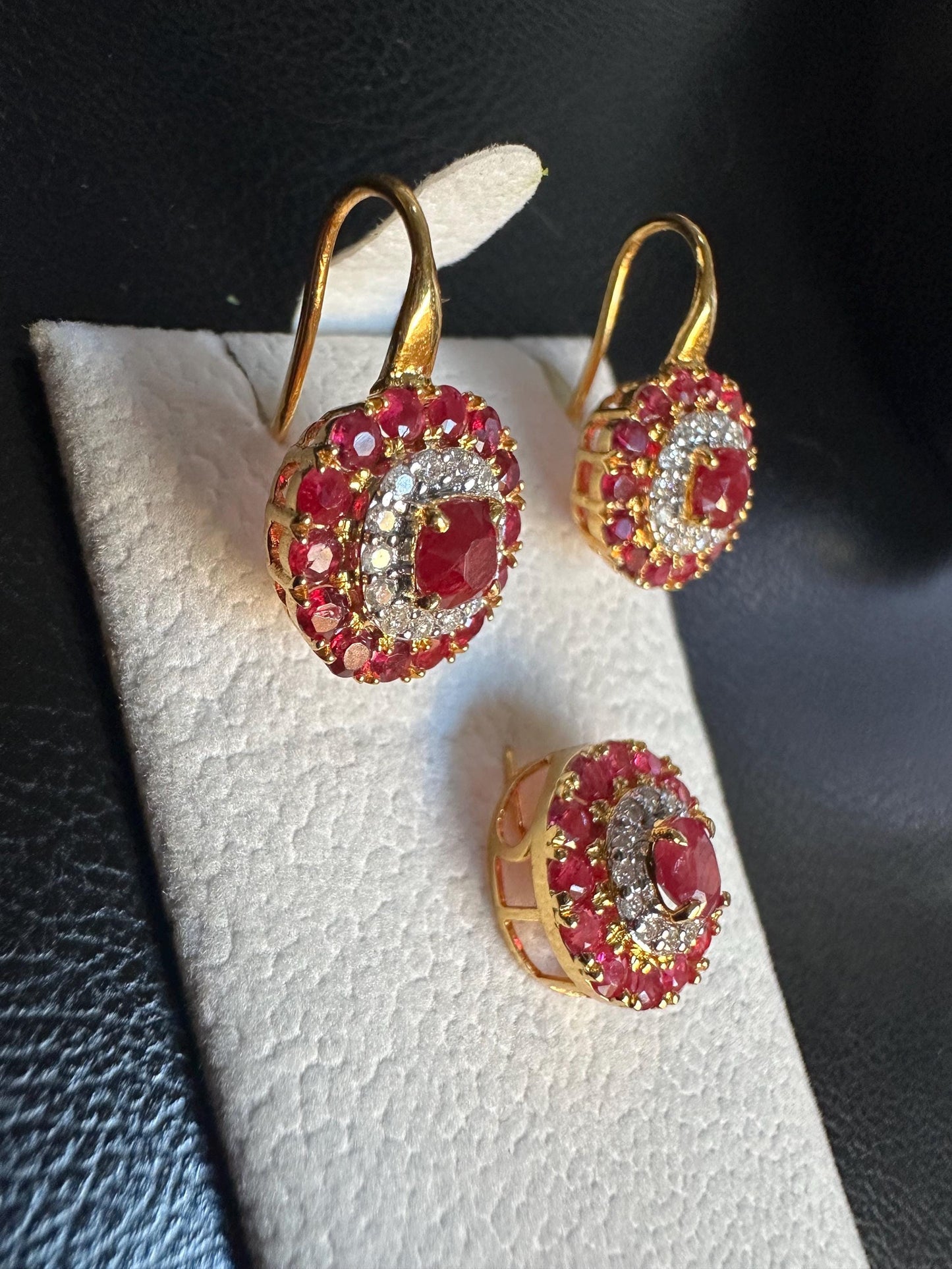 Stunning Earring & Pendant Set -Featuring Natural Unheated Burmese Ruby and Natural Diamond Earrings in 20K Solid Gold.