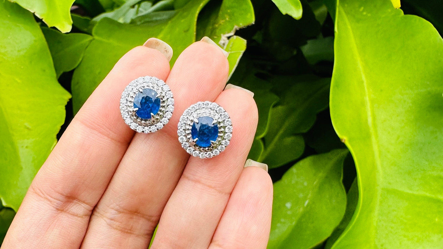 2.20 CT Burmese Natural Unheated Sapphires & Diamond Earring with 18K Solid White Gold