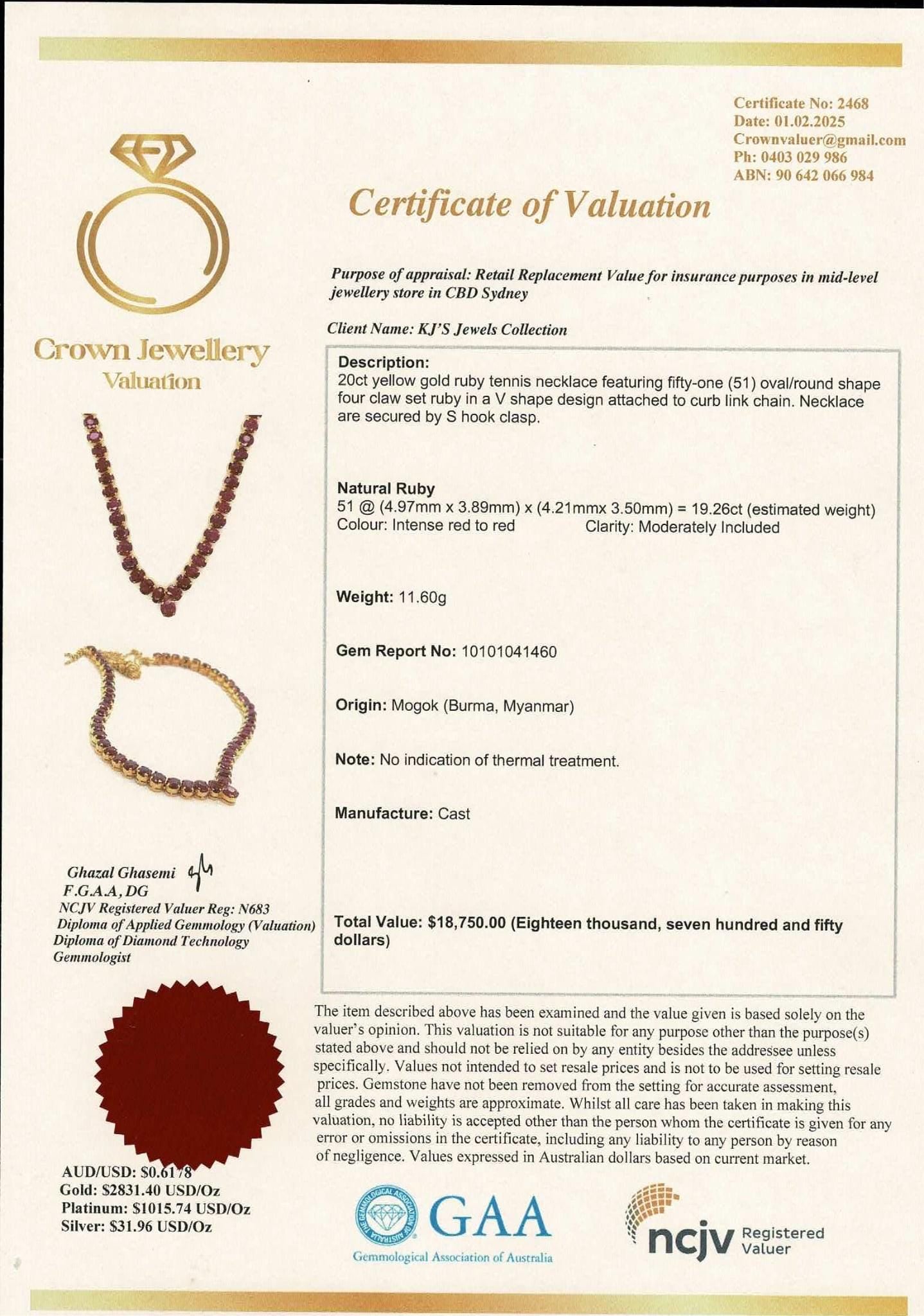 Total estimated 20CT Natural Unheated Burma Ruby necklace/tennis necklace in 20K Gold