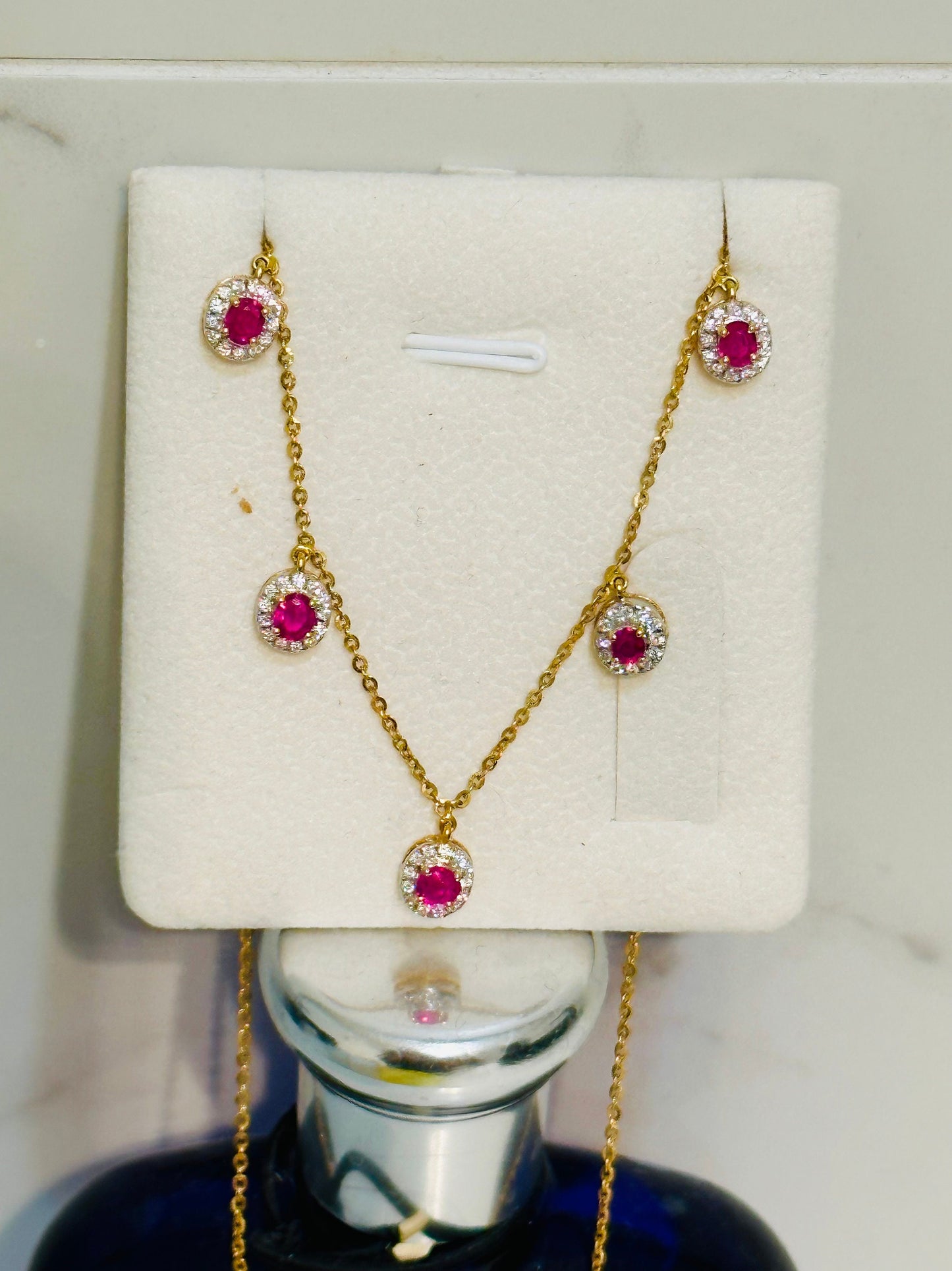 Total 1.35 CT Natural Unheated Burmese (5)Rubies and Genuine Diamonds with 21K gold necklace