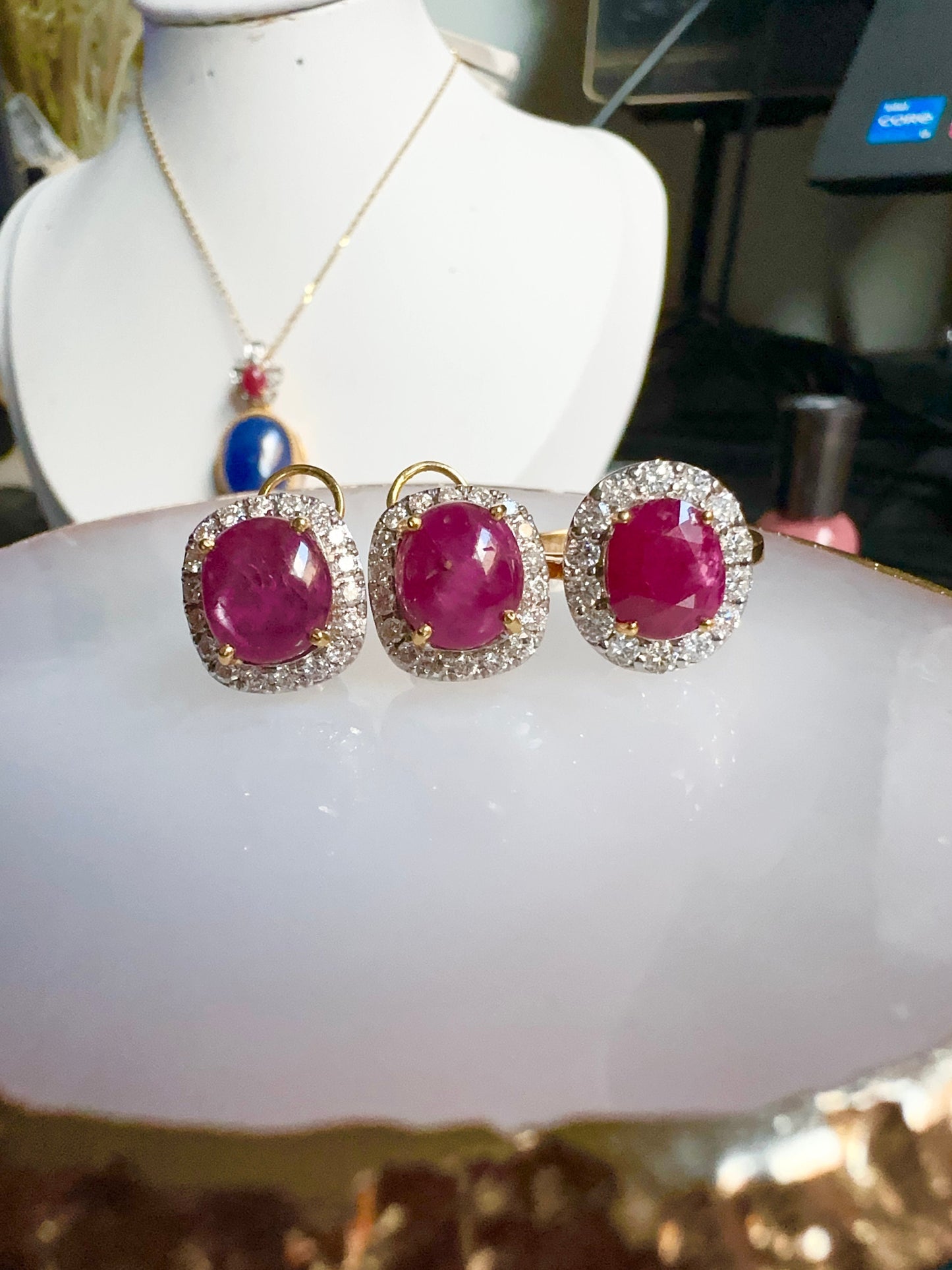 Oversized Natural Unheated Star Ruby (7.77CT) Earrings with Natural Diamonds in 20K Gold