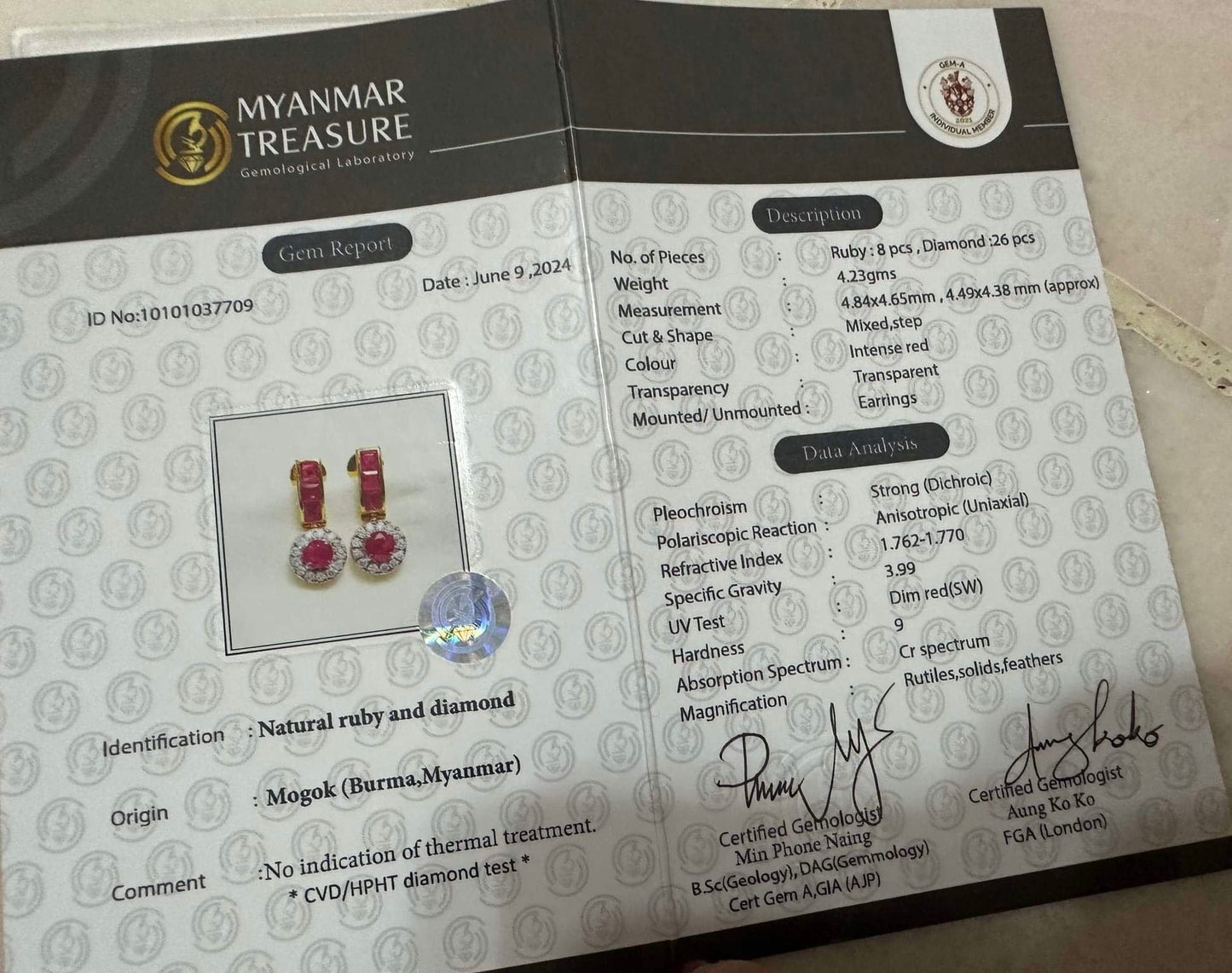 Dangle Drop Earrings with Total 2CT Natural Unheated Burmese Ruby and Diamonds in 20K Gold