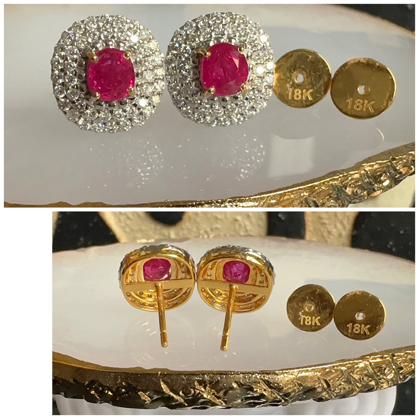 Total 2.13 CT Burmese Natural Unheated Ruby and Natural Diamonds Earrings in 18K Solid Gold