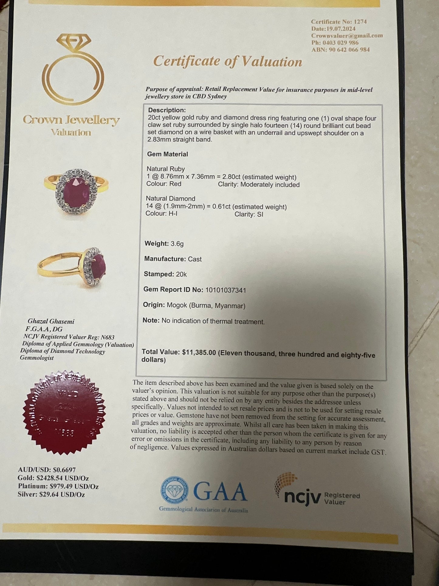 2.8CT Burmese Natural Unheated Ruby and Natural Diamonds Ring in 20K Solid Gold