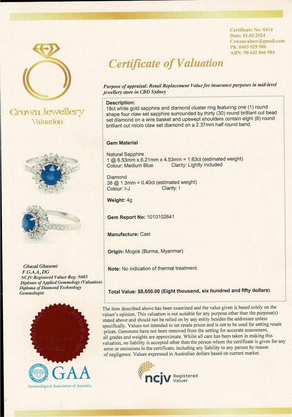 1.63 CT Natural Unheated Burmese Sapphire and natural Diamond Ring