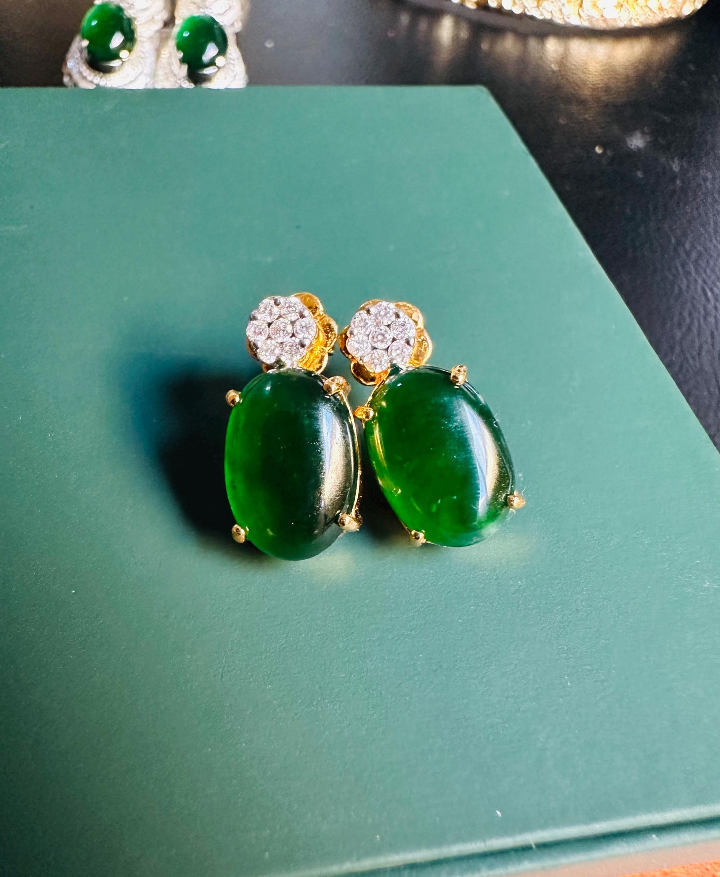Elegant Earrings in Natural Unheated Burmese Jadeite Jade(Type A) (6.02CT) with Natural Diamonds and 18K Solid Gold.