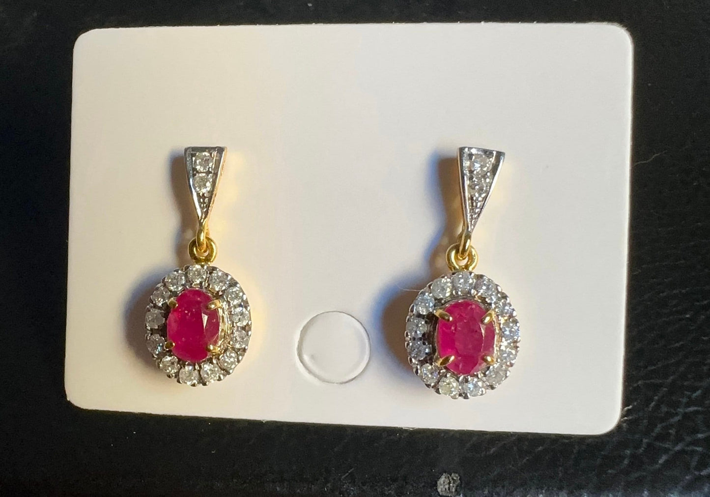 Teardrop style Natural unheated Burmese ruby and natural diamond earrings in 20K solid gold