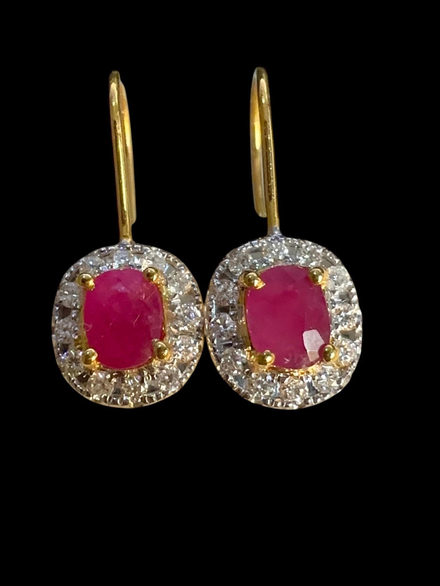 Natural unheated Burmese rubies (1.5CT) and natural diamond drop earrings in 20K solid gold