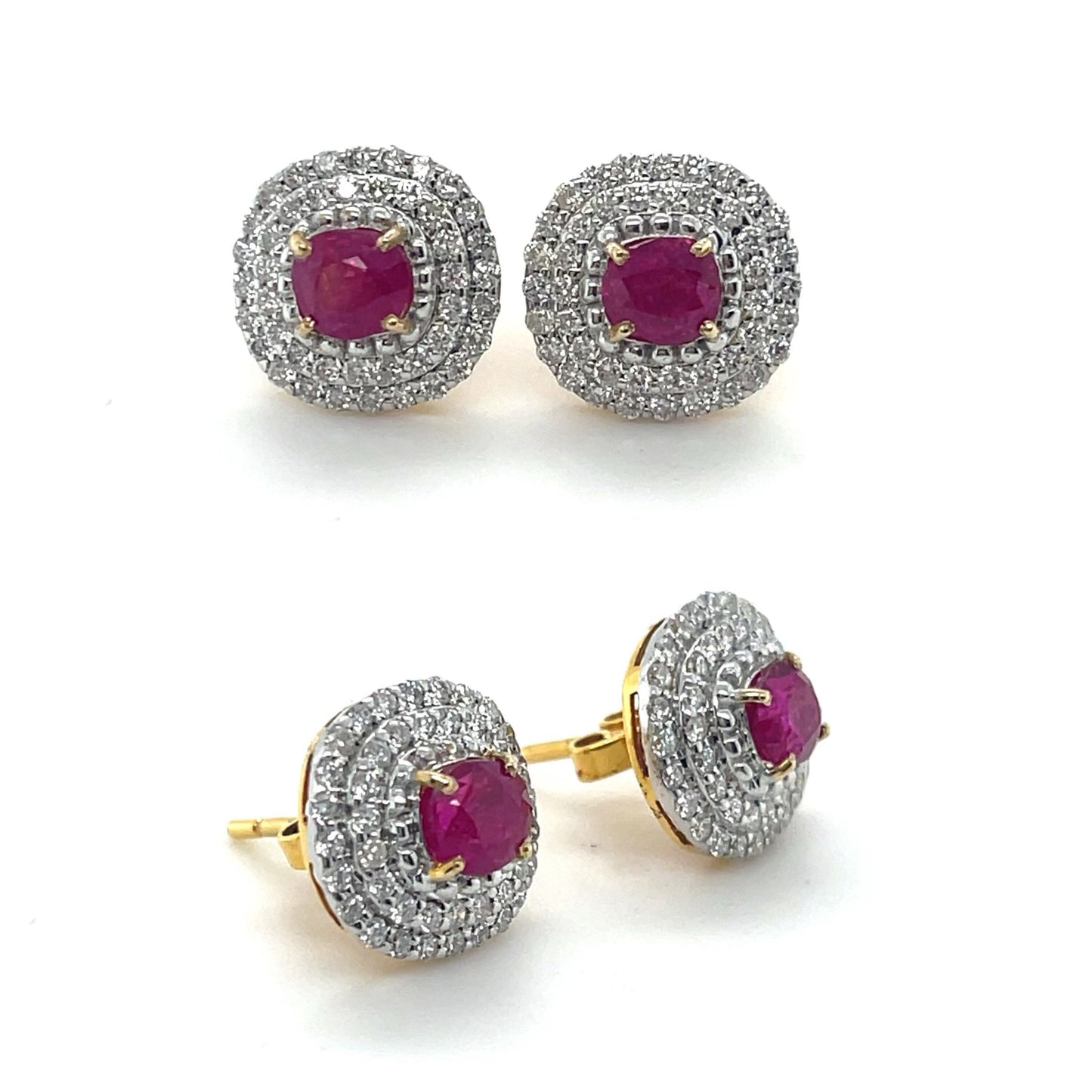Total 2.13 CT Burmese Natural Unheated Ruby and Natural Diamonds Earrings in 18K Solid Gold