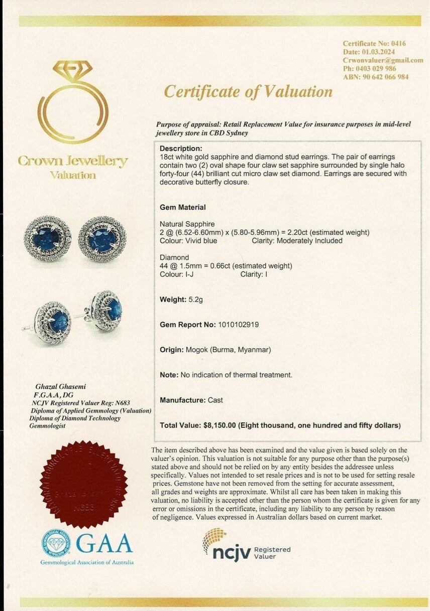 2.20 CT Burmese Natural Unheated Sapphires & Diamond Earring with 18K Solid White Gold