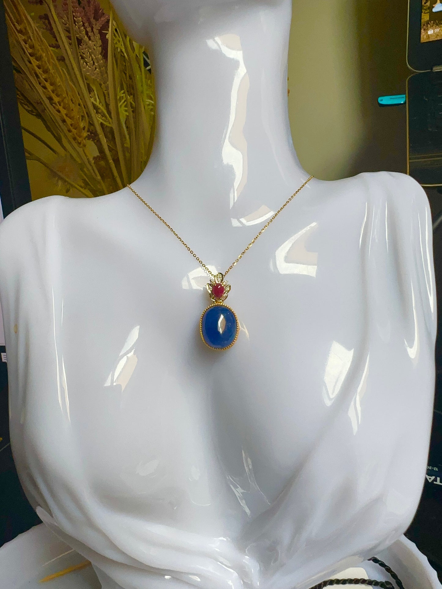 Natural Unheated Large Size Sapphire Cabochon (16CT) with natural Ruby and Natural Diamond Pendant in 20K gold