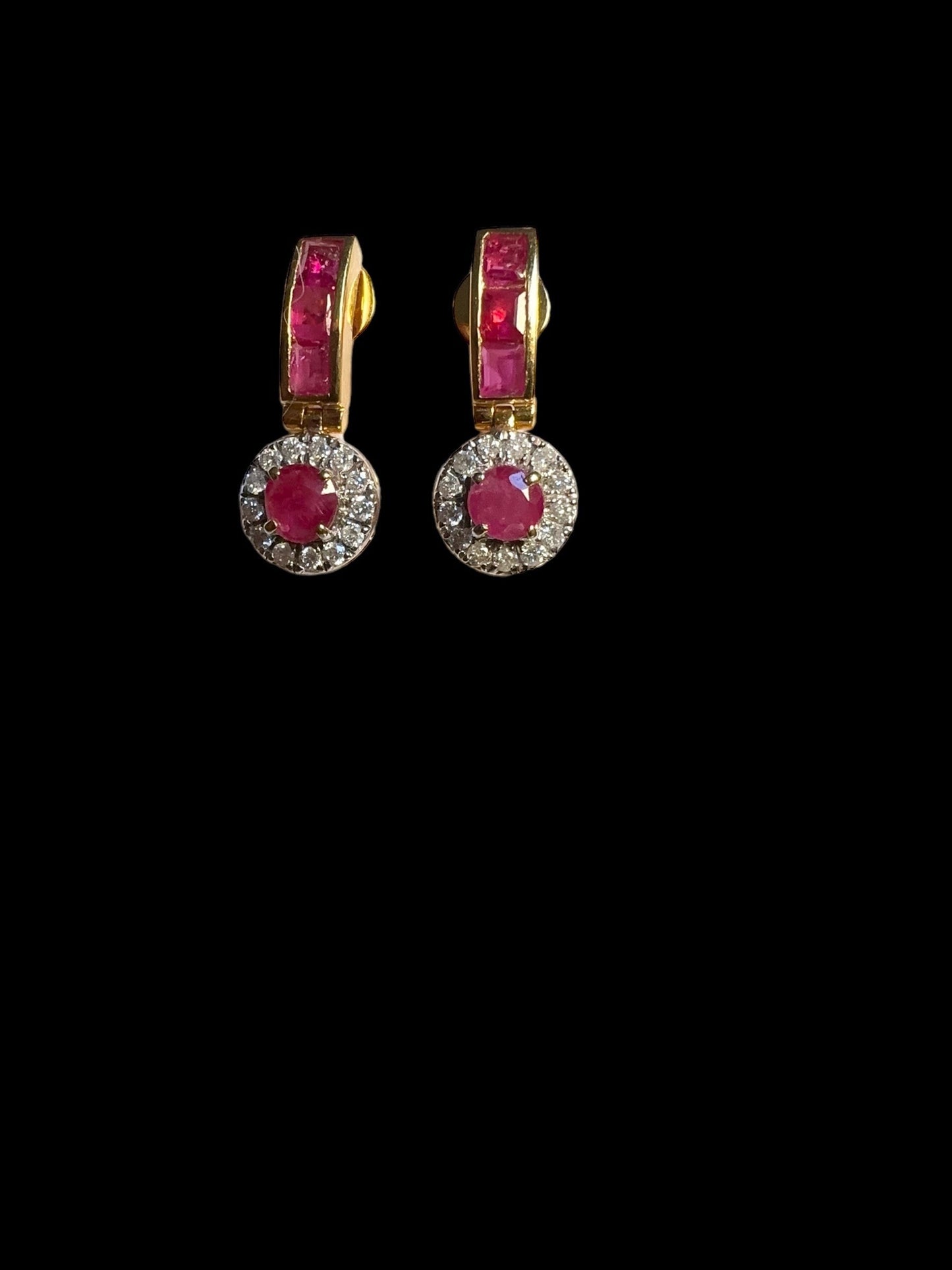 Dangle Drop Earrings with Total 2CT Natural Unheated Burmese Ruby and Diamonds in 20K Gold