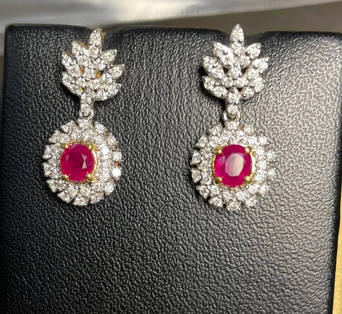 Snow Flakes Modern Design Natural Unheated Burmese Rubies and Natural Diamonds Earrings in 20K solid gold
