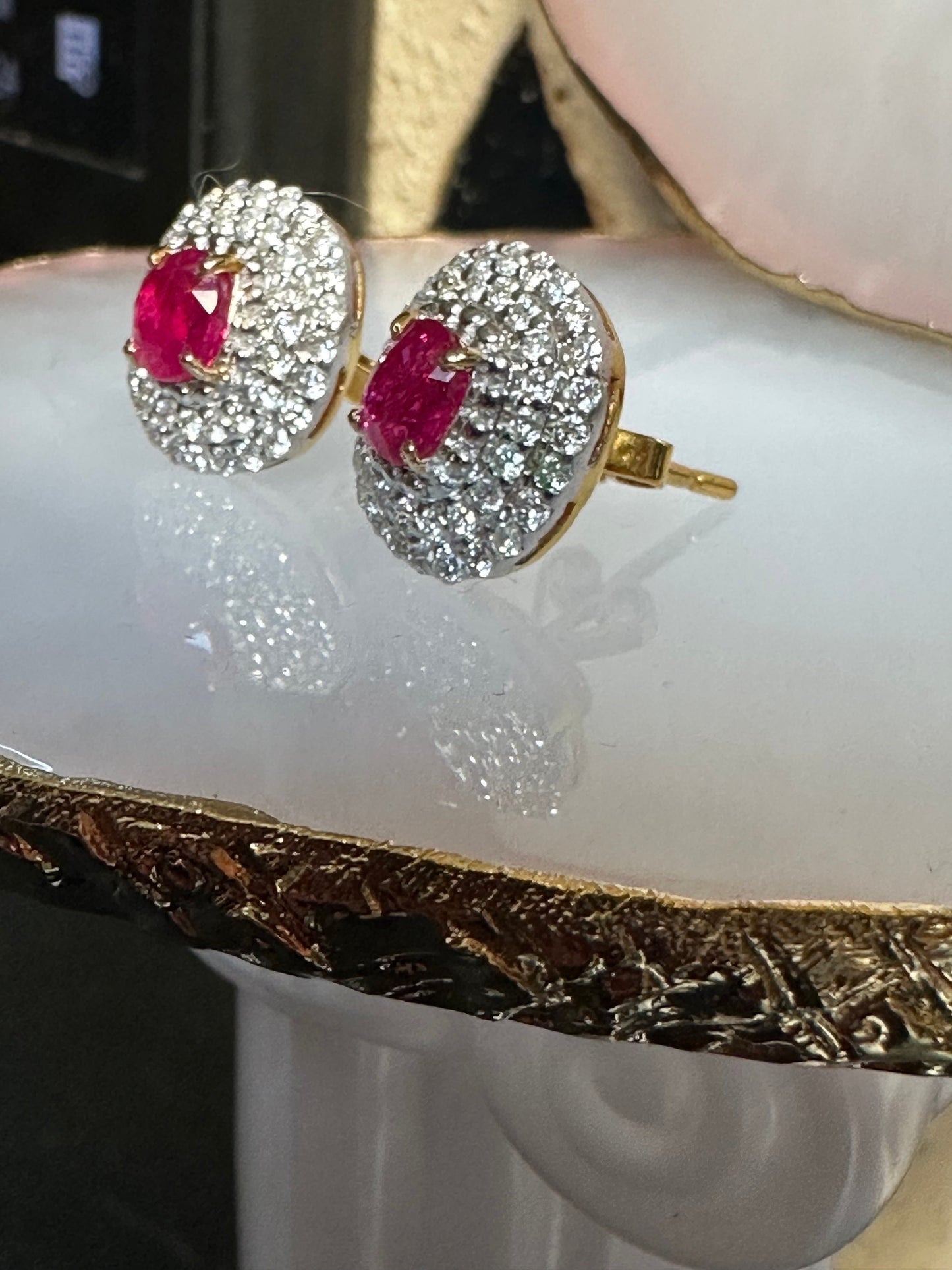 Total 2.13 CT Burmese Natural Unheated Ruby and Natural Diamonds Earrings in 18K Solid Gold