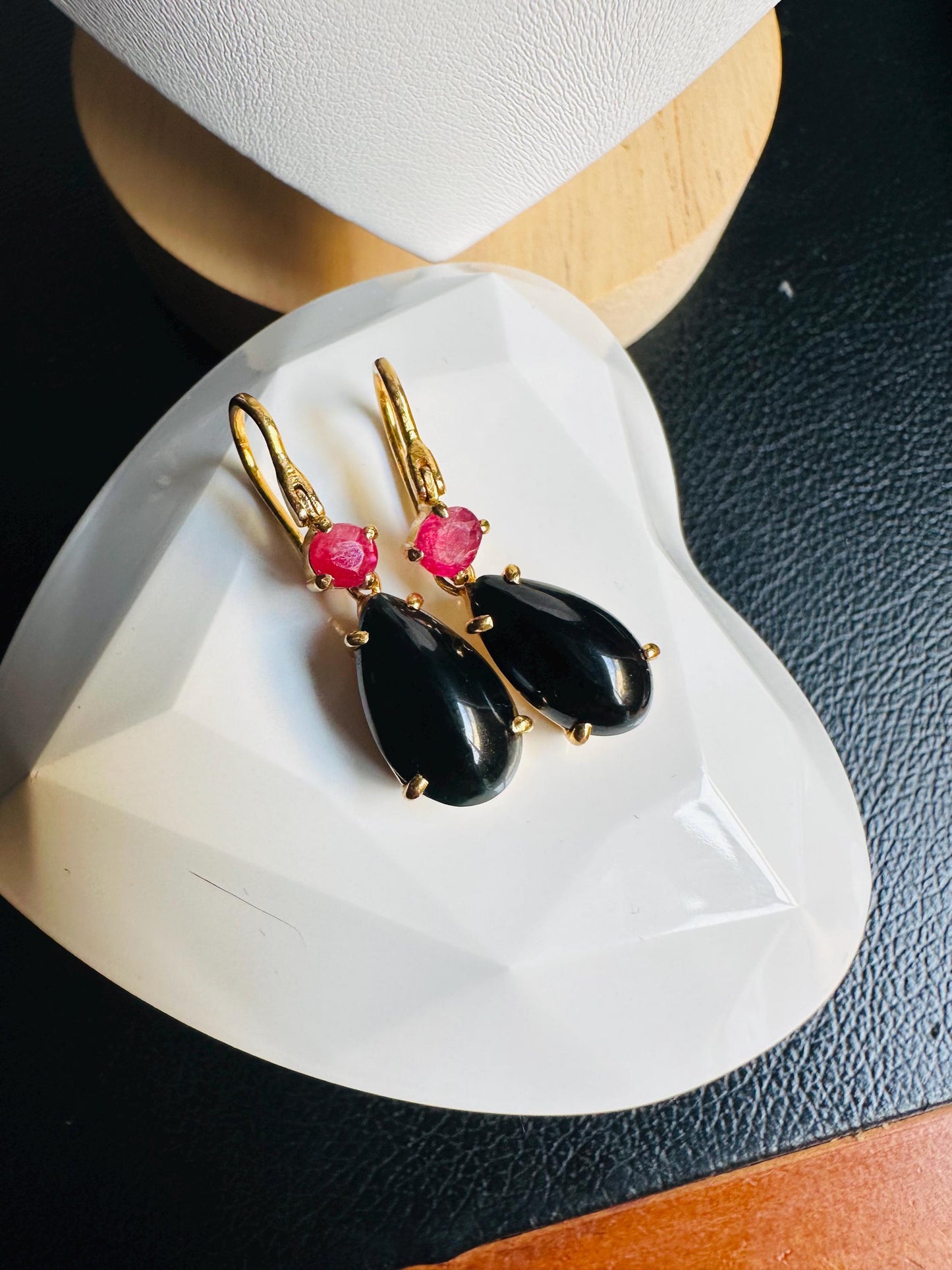 HighQuality Natural Burmese Black Jadeite Jade(Type A) Pendant and Earrings(TW 20.93CT)with Natural Burmese Ruby in 20K Solid Gold.