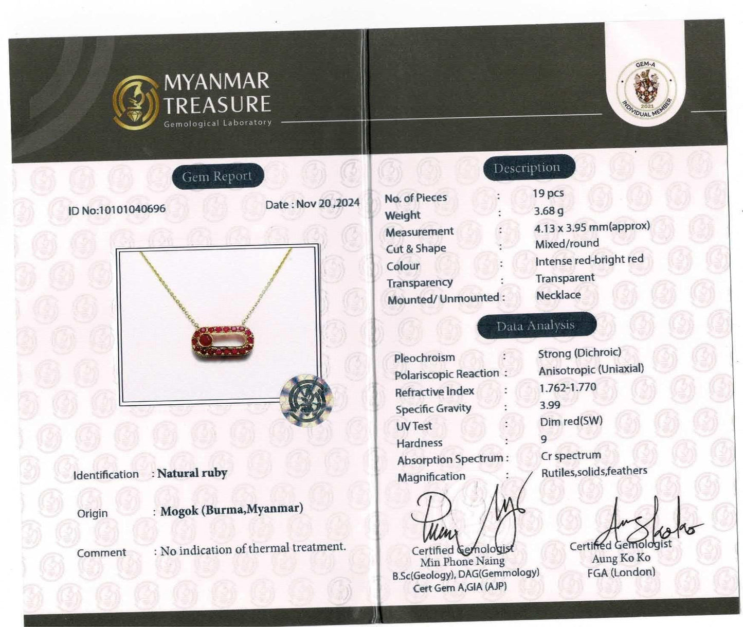 Natural Unheated Burmese Ruby (2.15CT) Pendant Necklace in 20K Solid Gold.