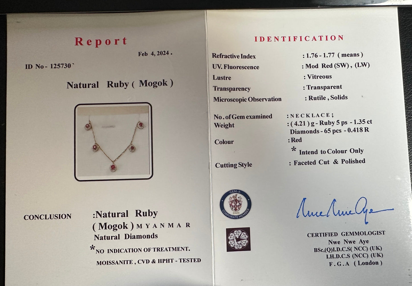 Total 1.35 CT Natural Unheated Burmese (5)Rubies and Genuine Diamonds with 21K gold necklace