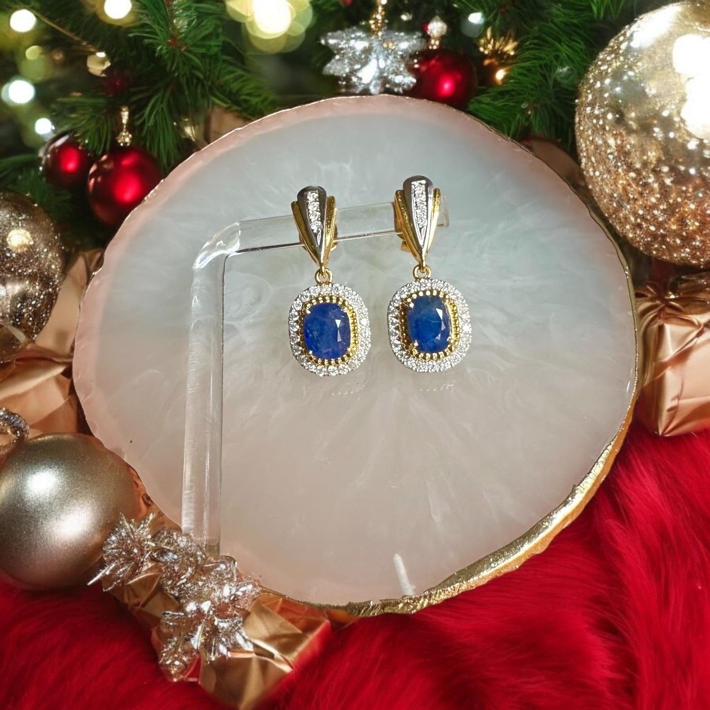 Total 2.5 CT Natural Unheated Sapphires & Diamond Earring with 18K Solid Gold