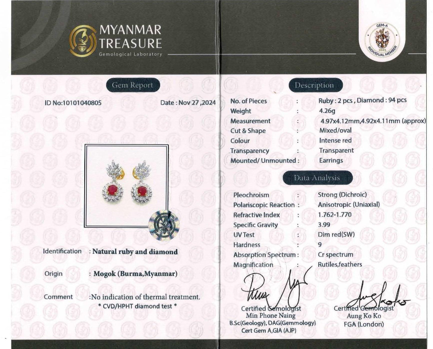 Snow Flakes Modern Design Natural Unheated Burmese Rubies and Natural Diamonds Earrings in 20K solid gold