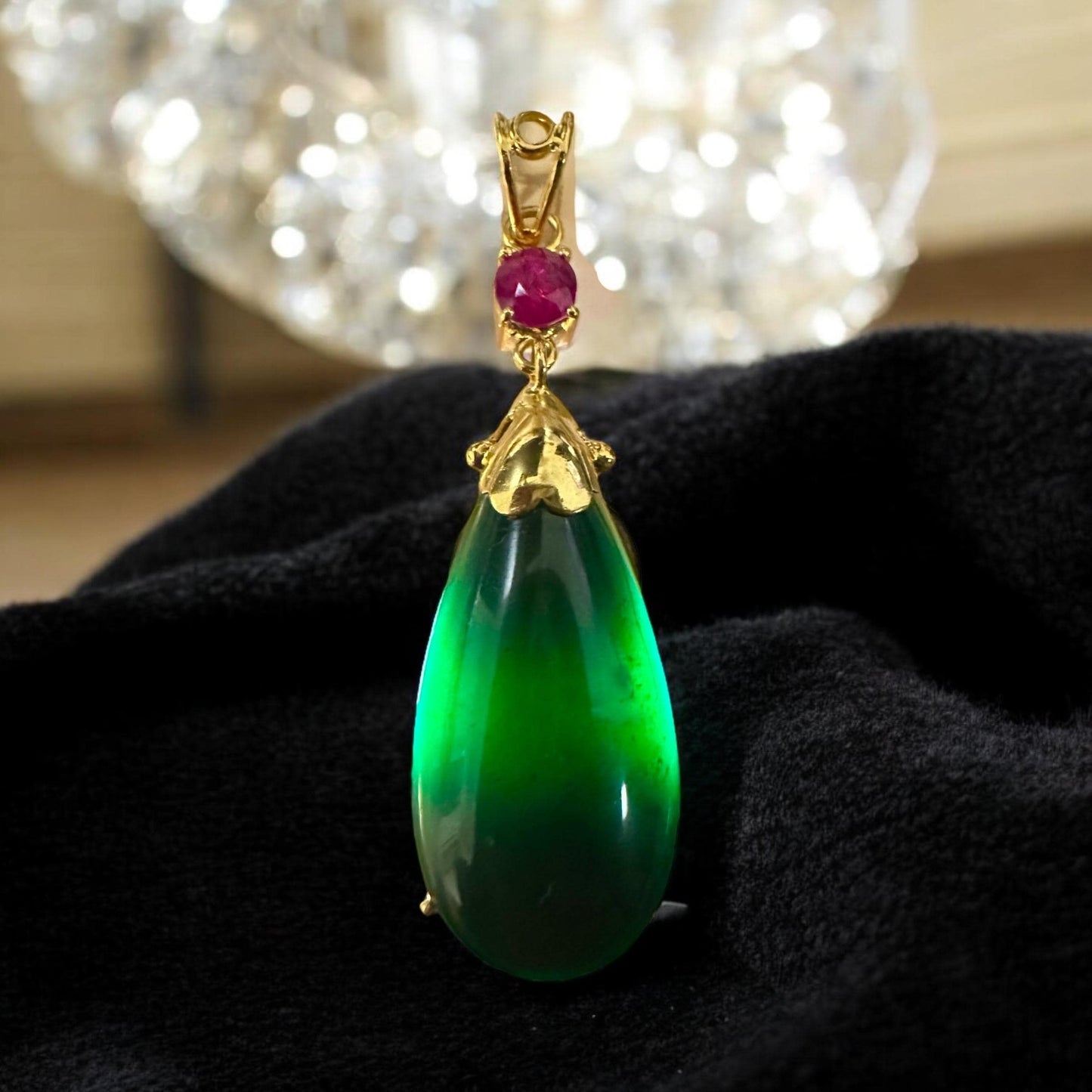 HighQuality Natural Burmese Black Jadeite Jade(Type A) Pendant and Earrings(TW 20.93CT)with Natural Burmese Ruby in 20K Solid Gold.