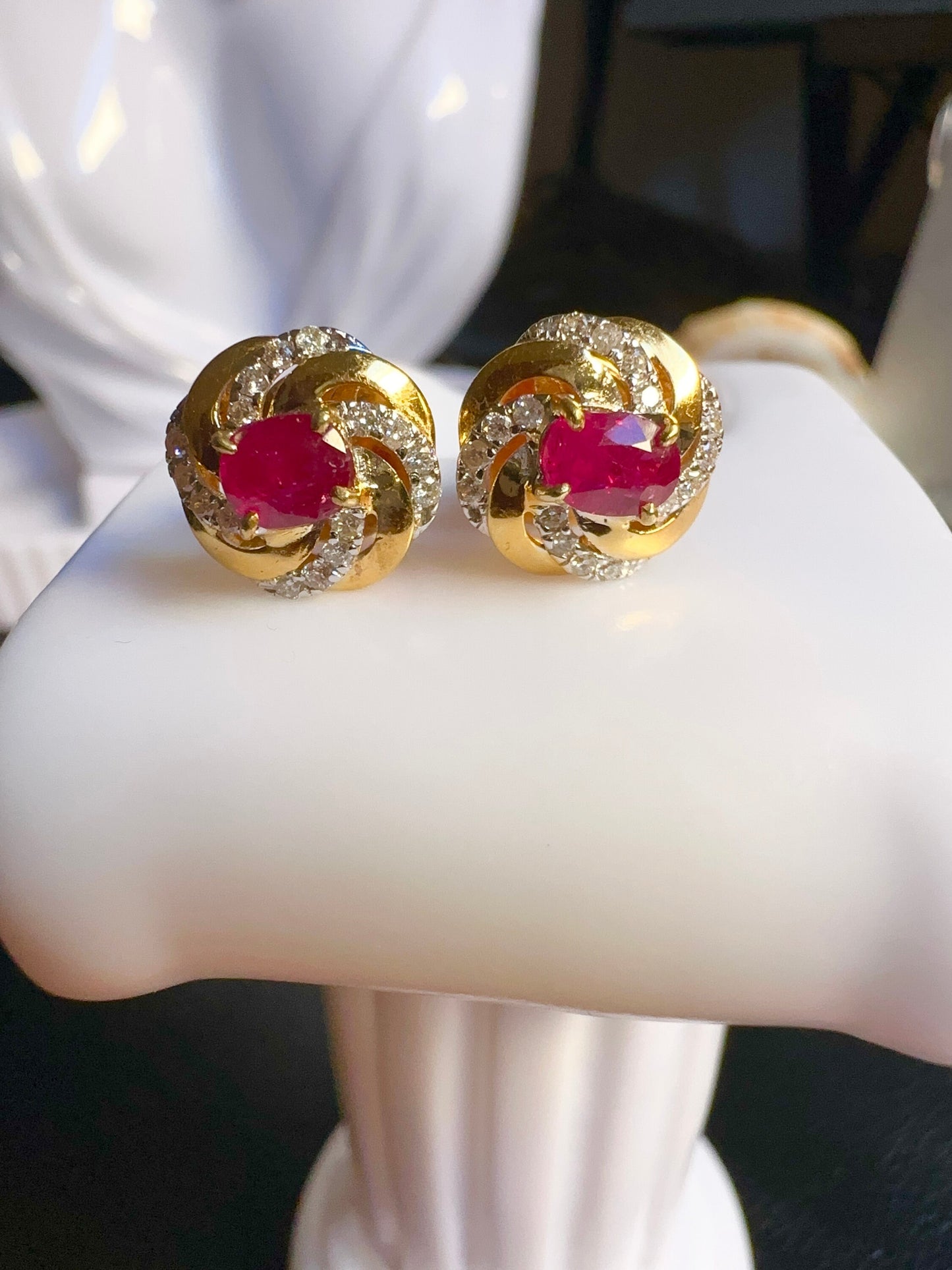 Burmese Natural Unheated Ruby and Natural Diamonds Earrings (1.28CT) in 18K Solid Yellow Gold
