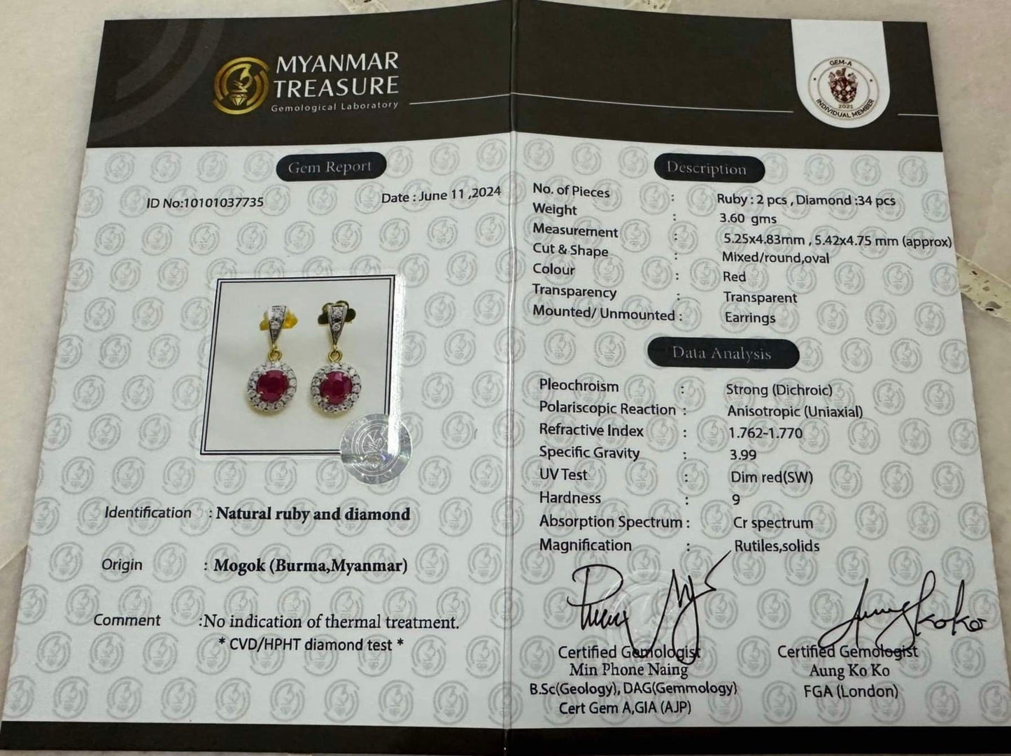 Teardrop style Natural unheated Burmese ruby (2CT) and natural diamond earrings in 20K solid gold