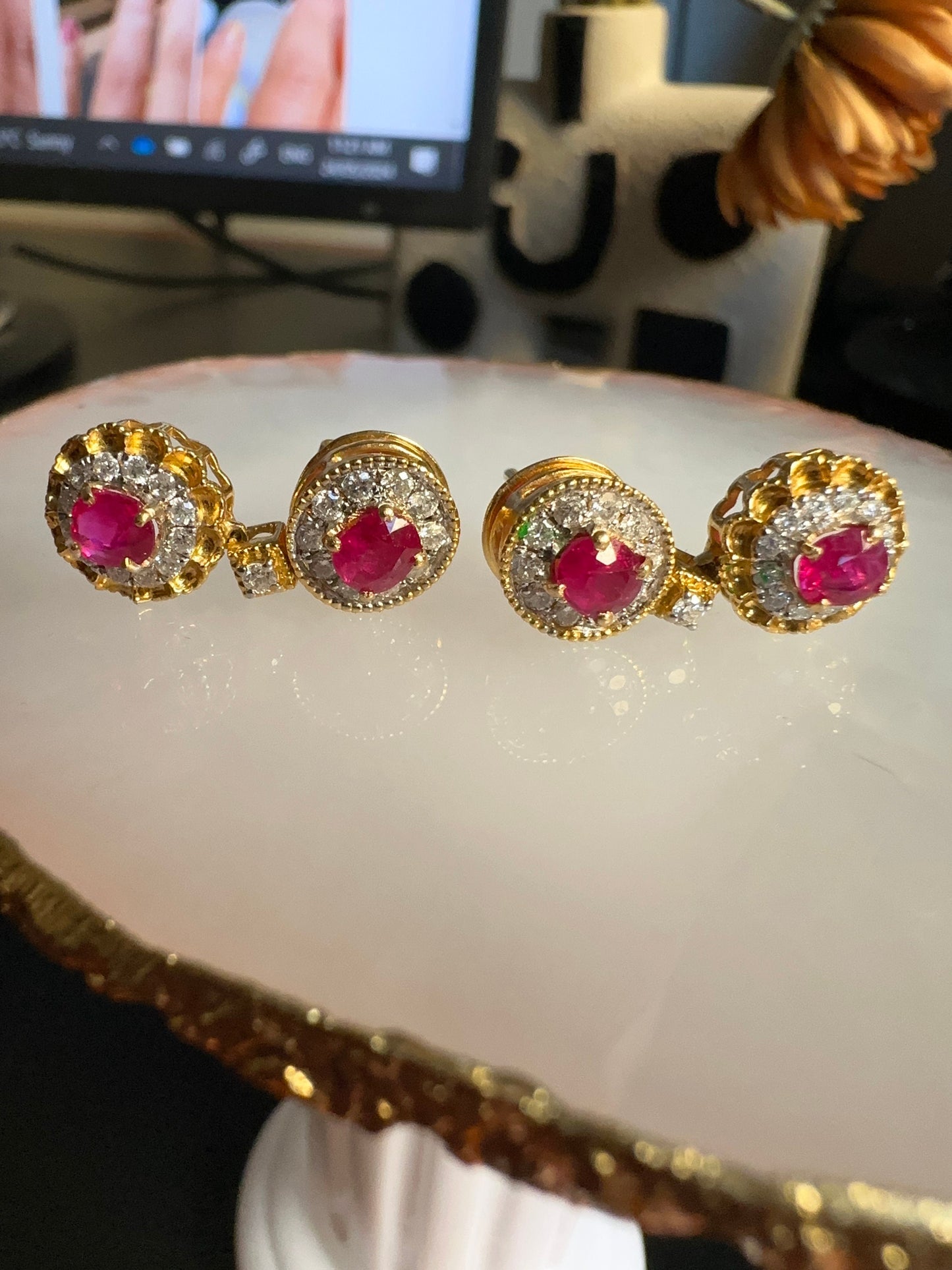 Four pieces Burmese natural unheated ruby and natural diamond earrings in 18K solid gold