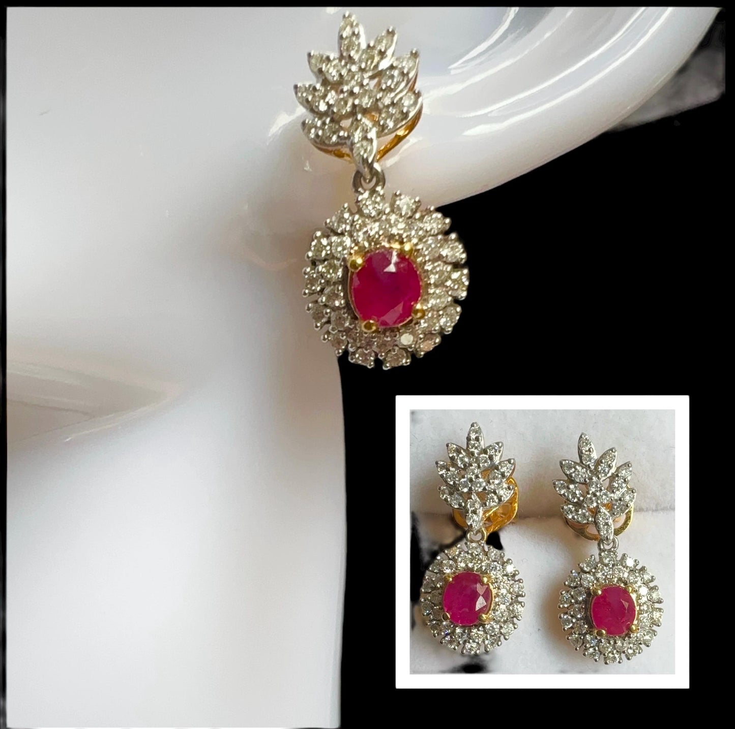 Snow Flakes Modern Design Natural Unheated Burmese Rubies and Natural Diamonds Earrings in 20K solid gold